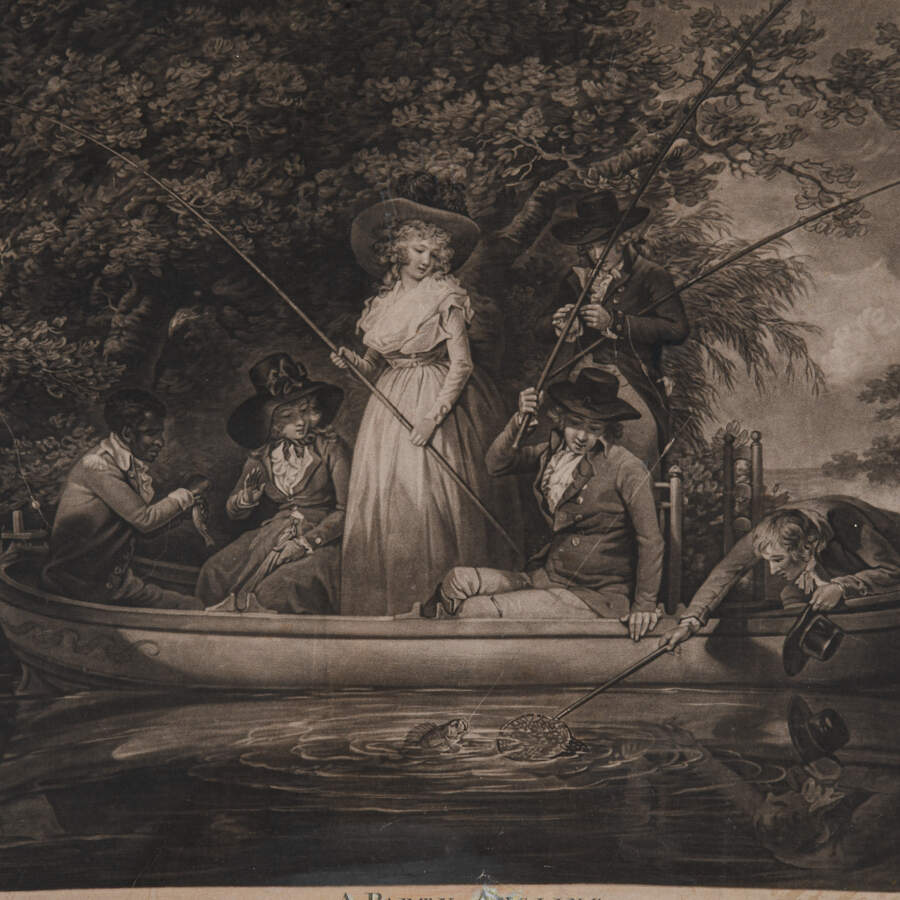 Framed Rare Engraving by George Keating Titled "A Party Angling"-3