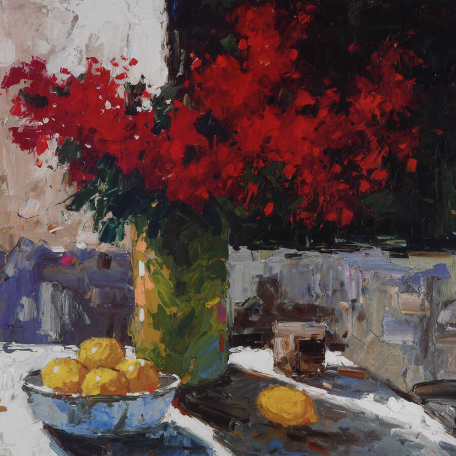 Framed Mira Still Life with Red Flowers and Lemons Print-3