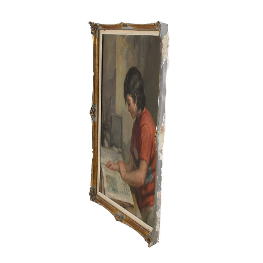 Framed Oil on Canvas Titled "Young Seated Girl Artist"-5