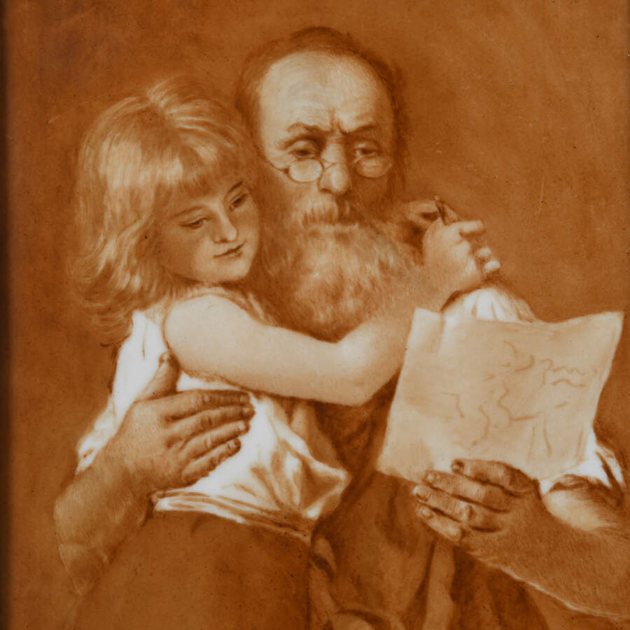 Antique Painting on a Porcelain Plaque of a Man and Child-2