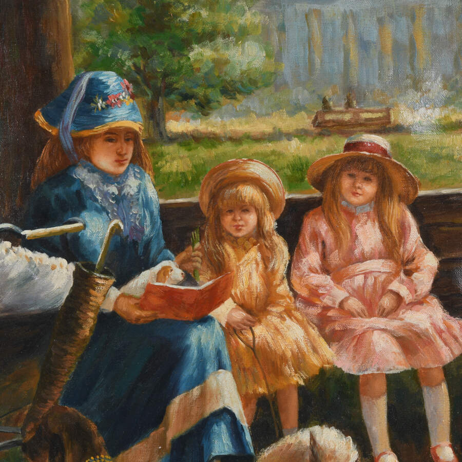 Oil on Canvas of a Mother and Her Children at a Park-3