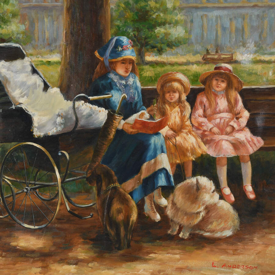 Oil on Canvas of a Mother and Her Children at a Park-2