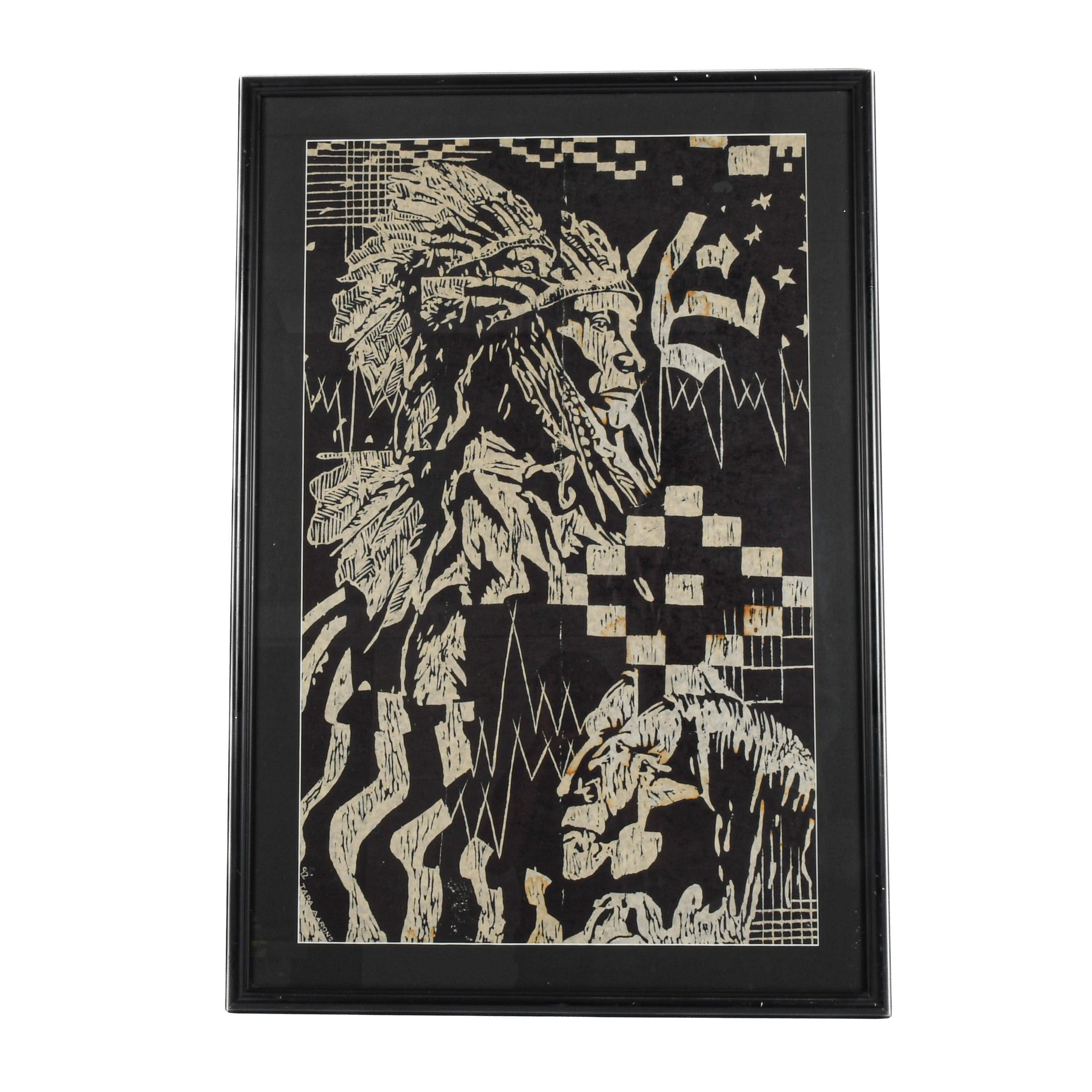 Framed Signed Tara Aarons American Native American Wood Block Print-1