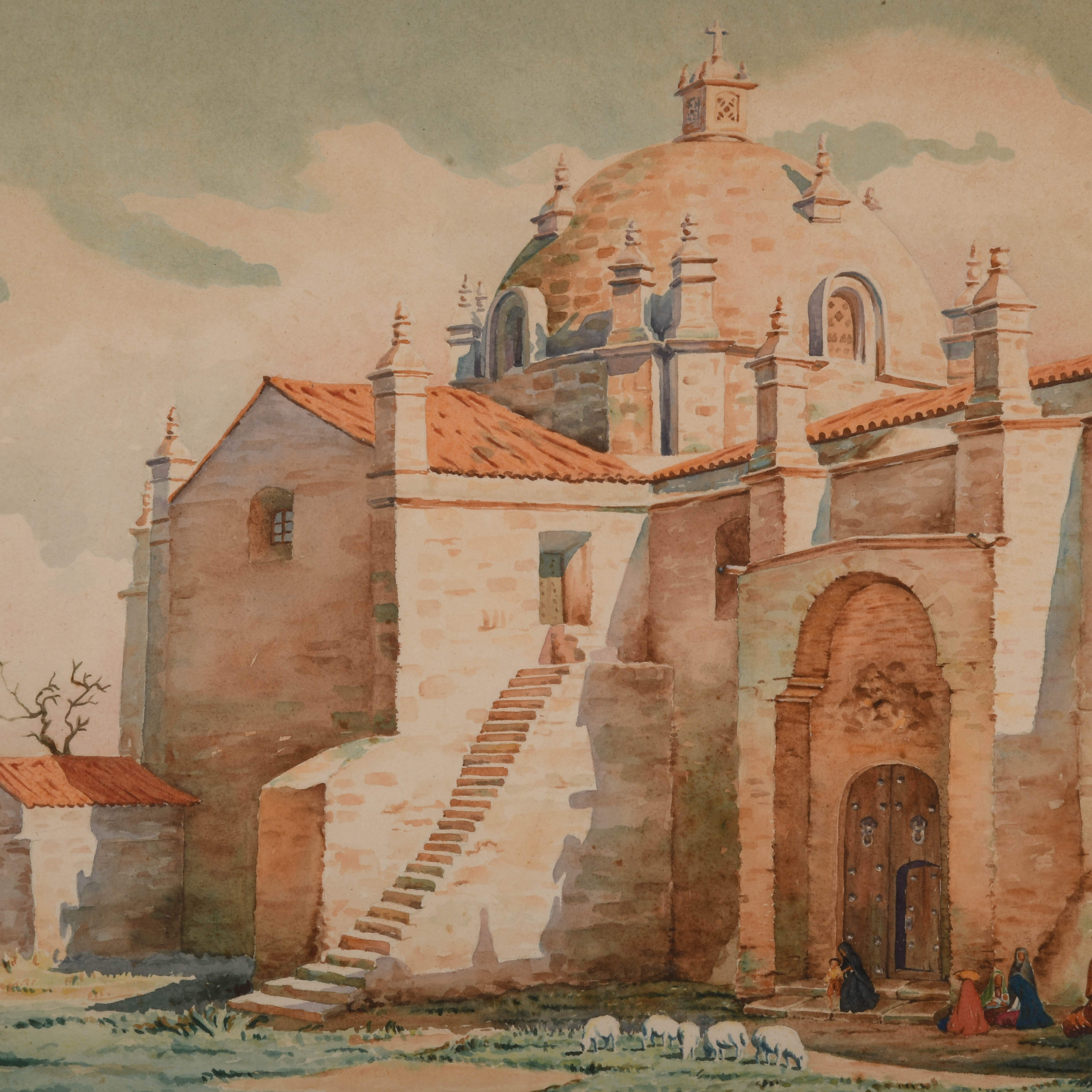 Framed Signed A. Velandoa Peruvian Church Watercolor Painting-3