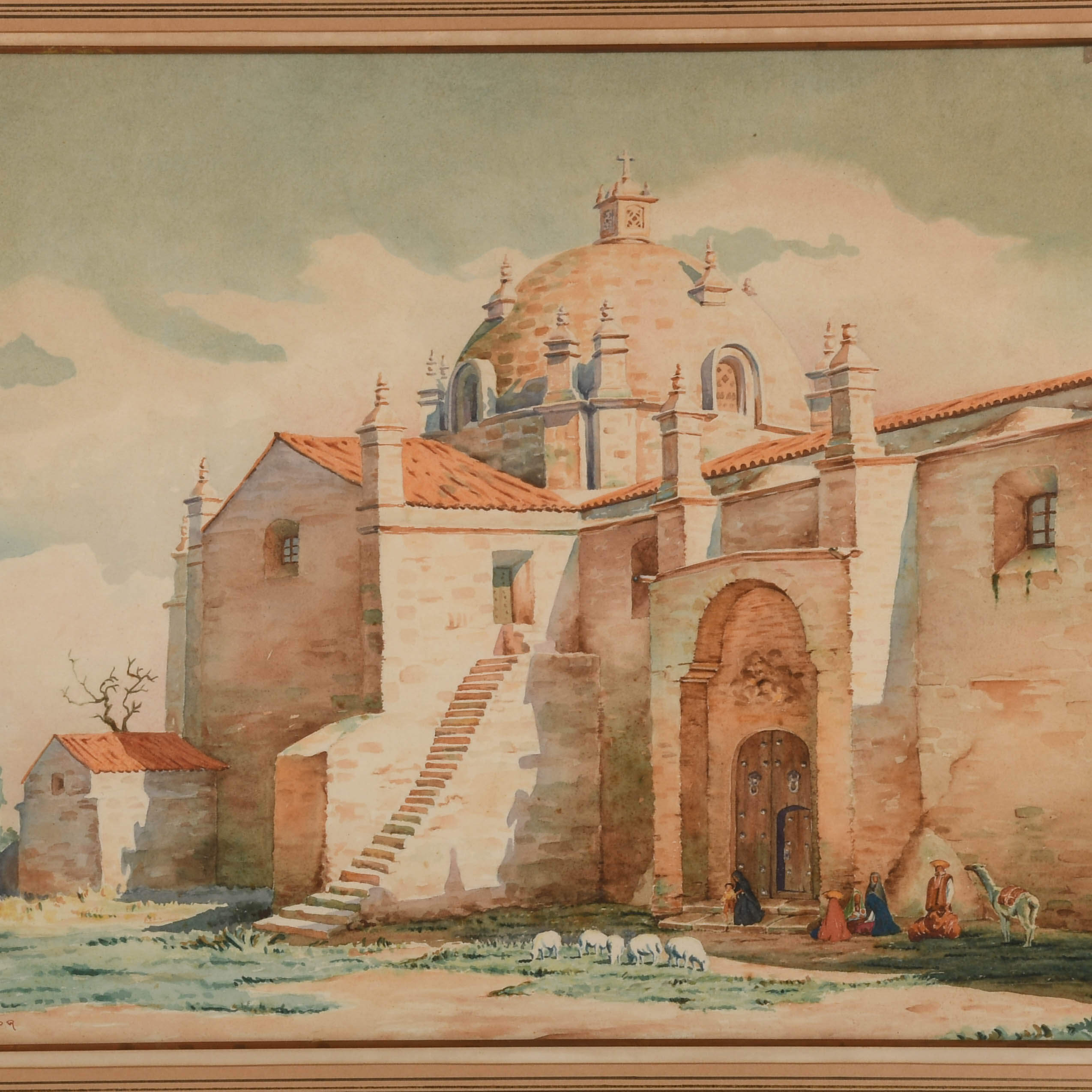 Framed Signed A. Velandoa Peruvian Church Watercolor Painting-2