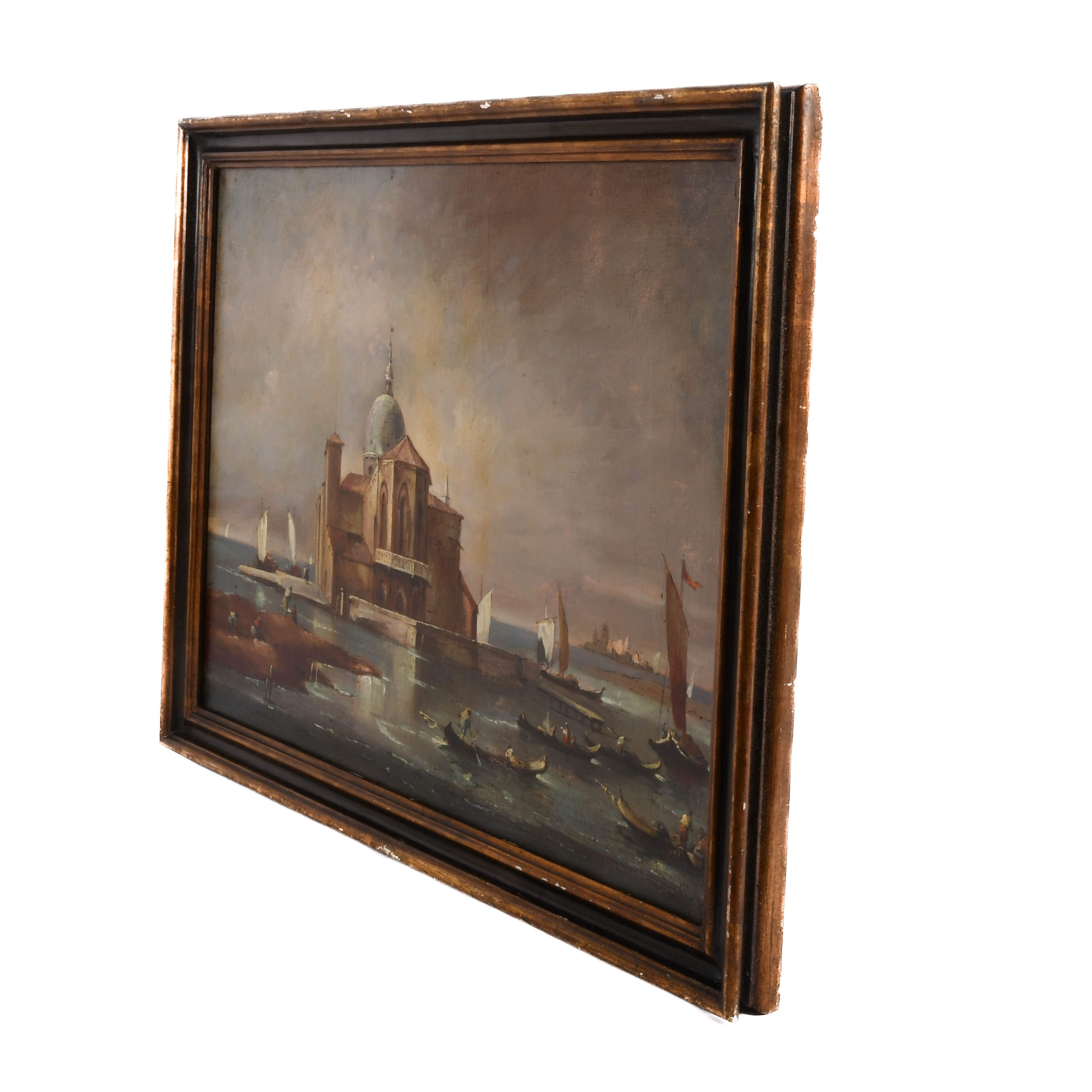 Antique Framed Oil on Canvas San Giorgio, Venice Harbor Painting-4