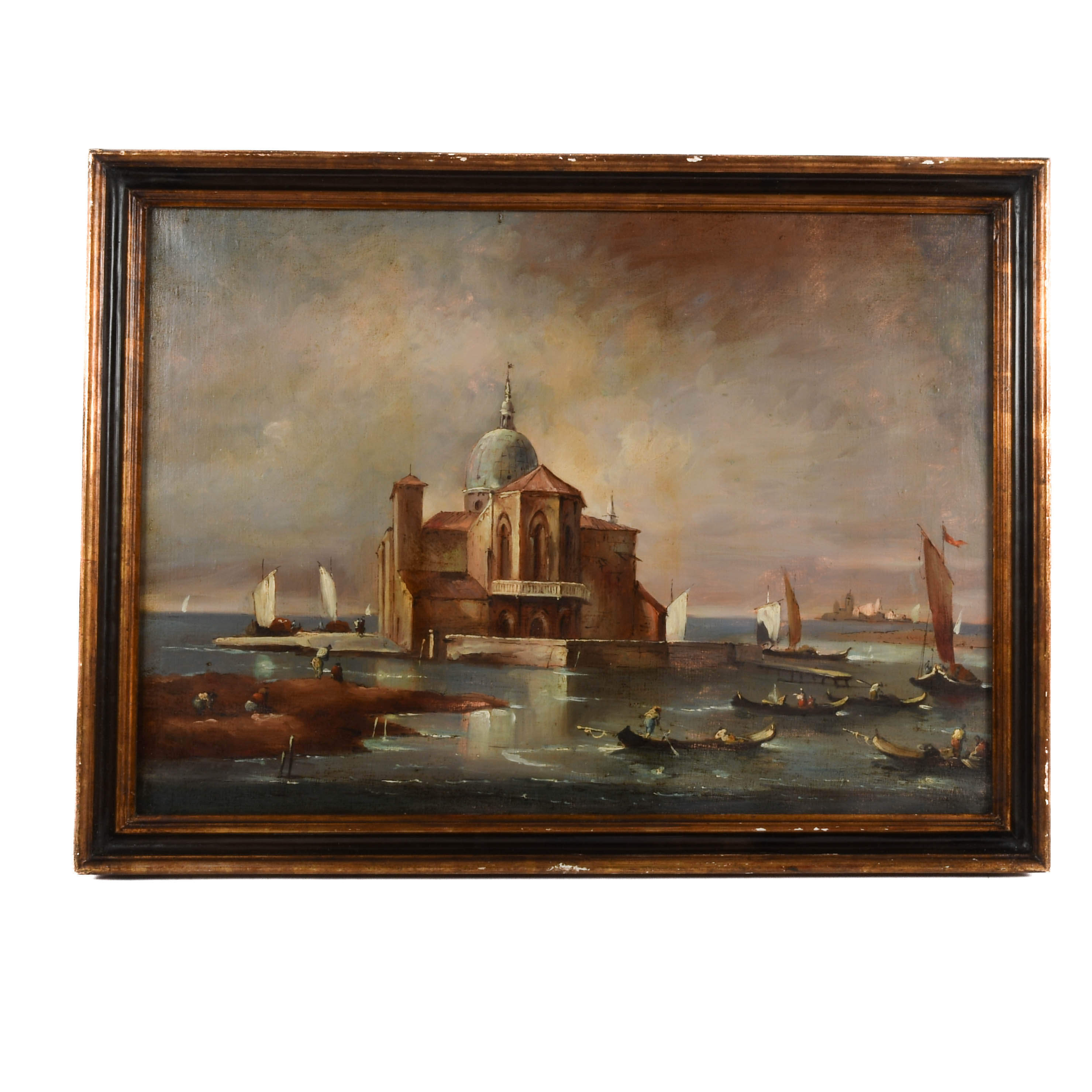 Antique Framed Oil on Canvas San Giorgio, Venice Harbor Painting-1