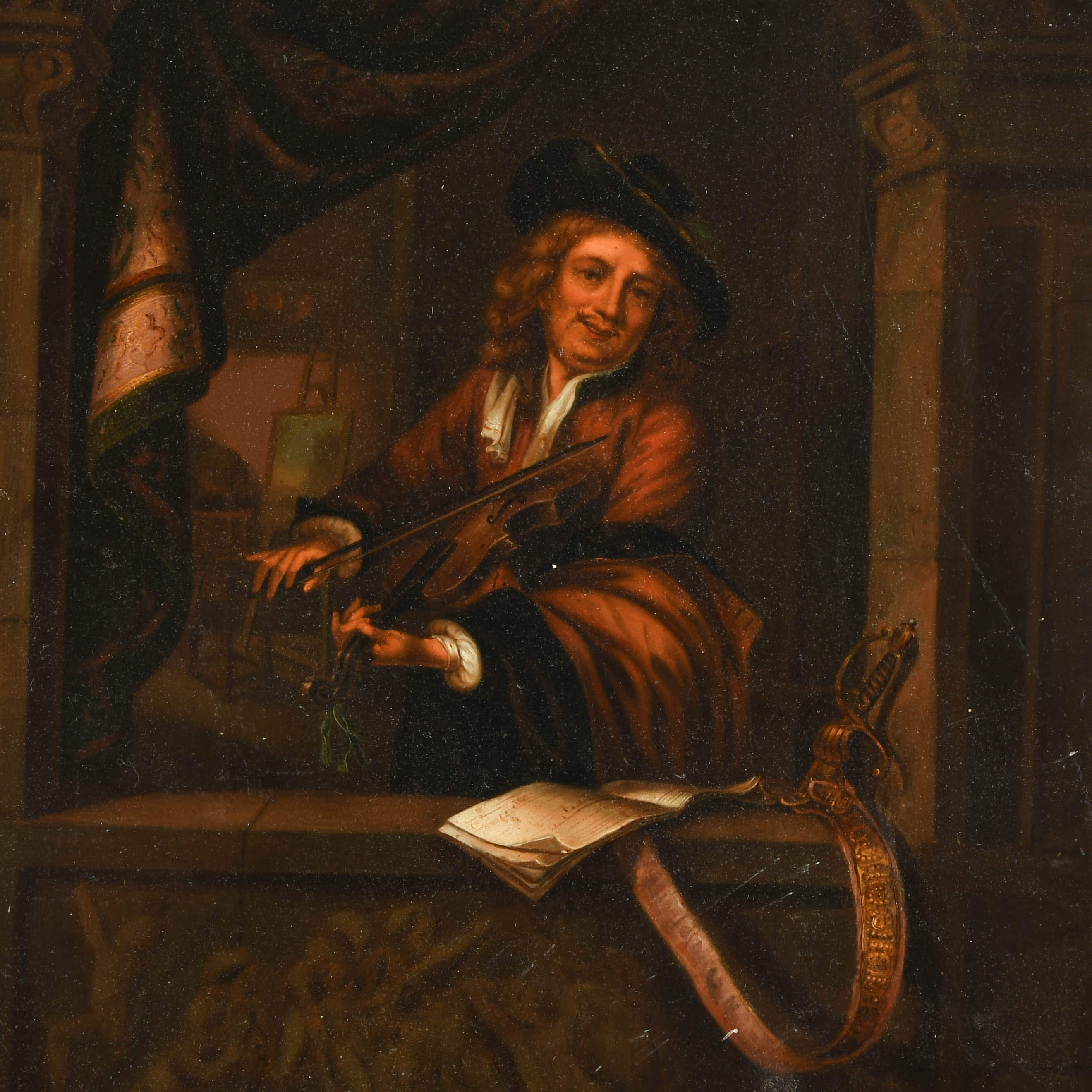 Antique Oil on Metal Gerrit Dou-Style "The Violin Player"-2