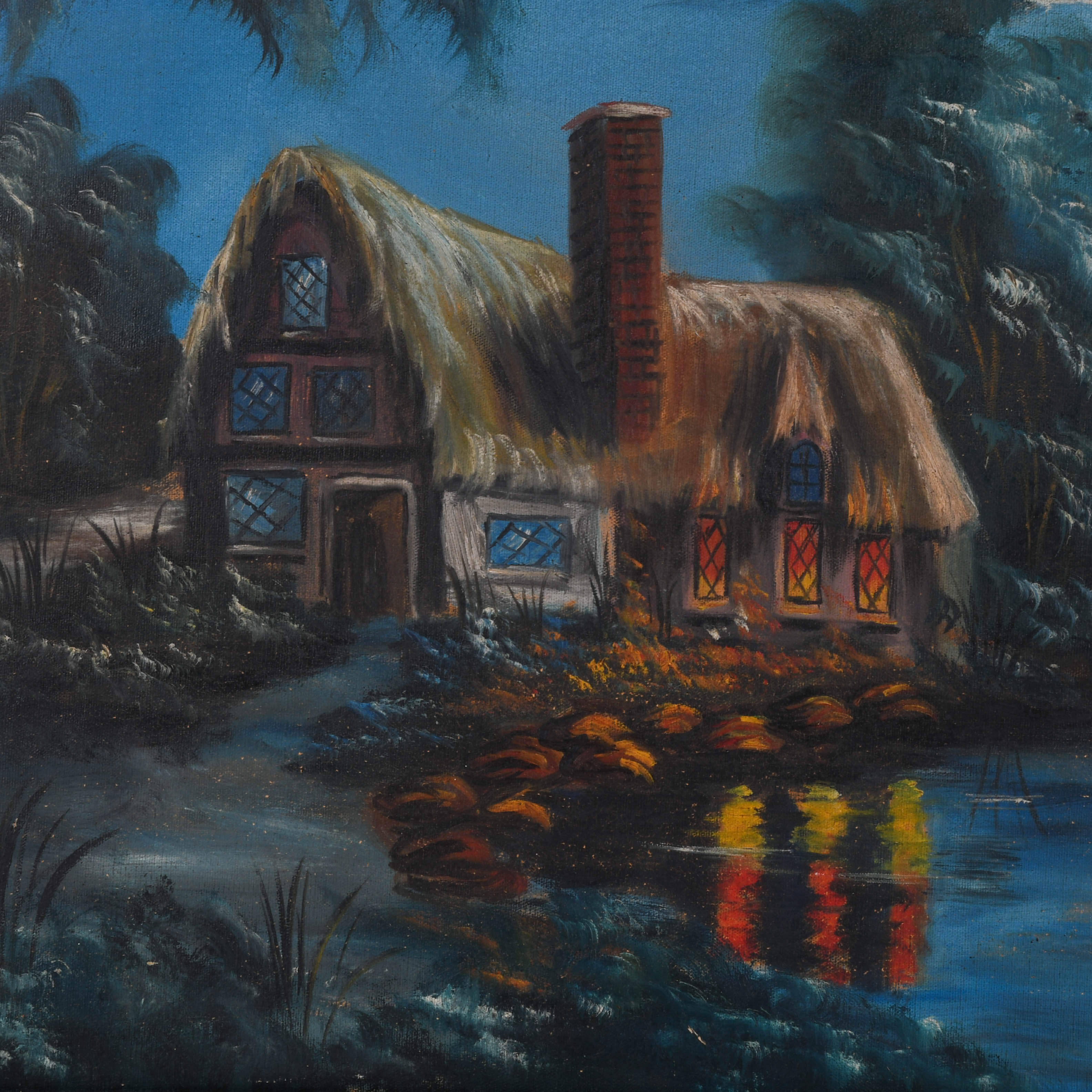 Antique Framed Signed Lonely Cottage Oil on Canvas-2
