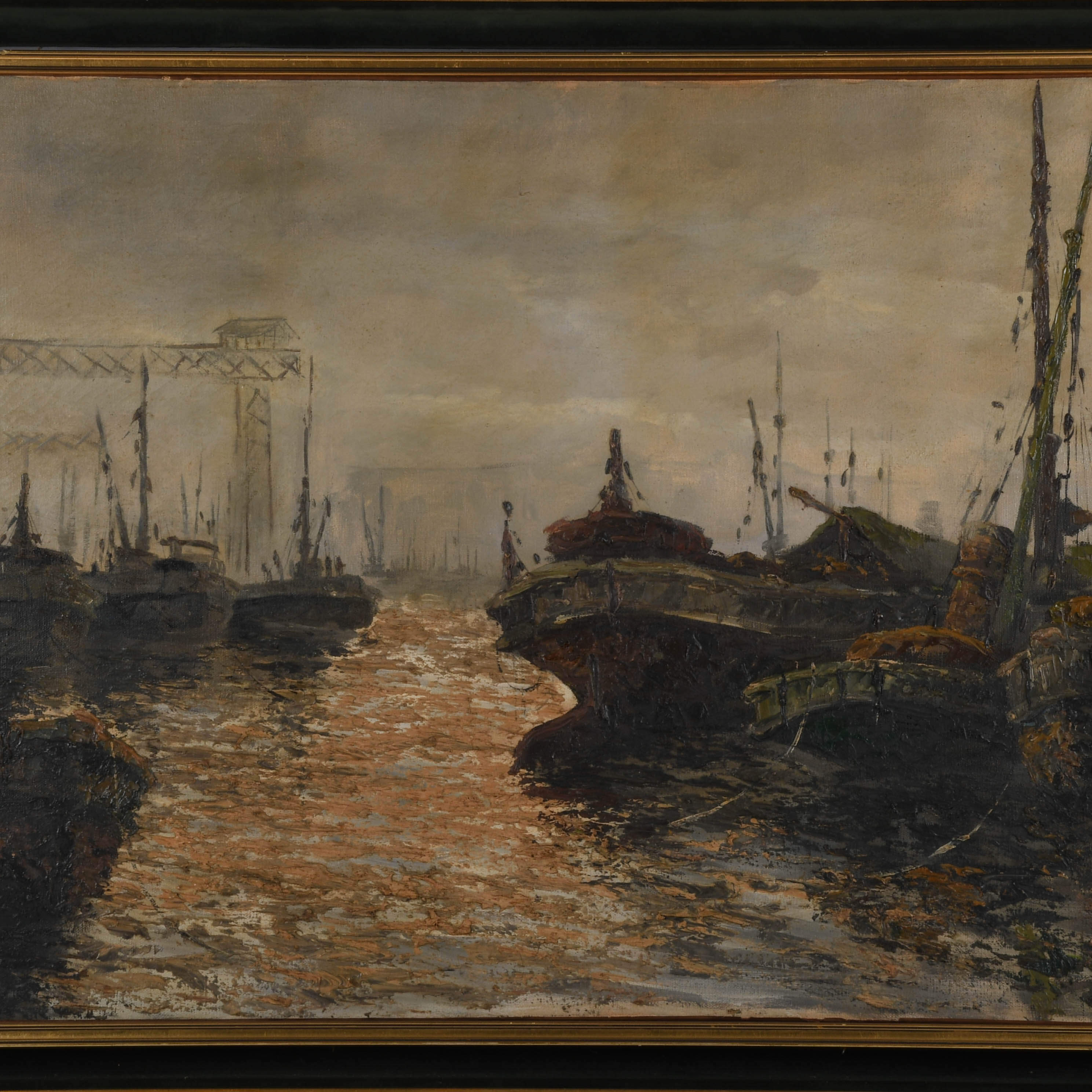 Antique Signed Michel Girard Industrial Port Oil on Canvas Painting-2