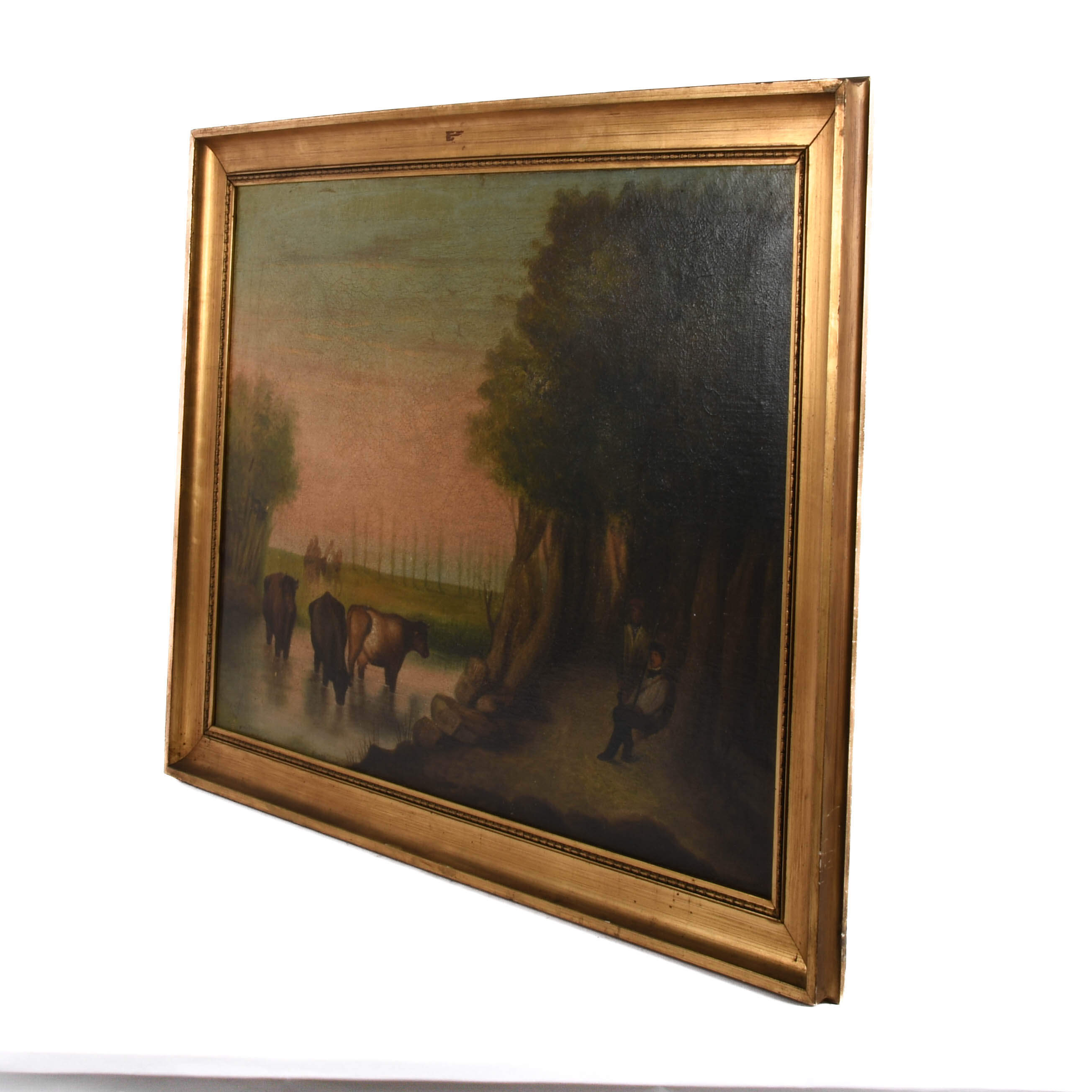Antique Framed Cattle Watering Oil on Canvas Painting-4