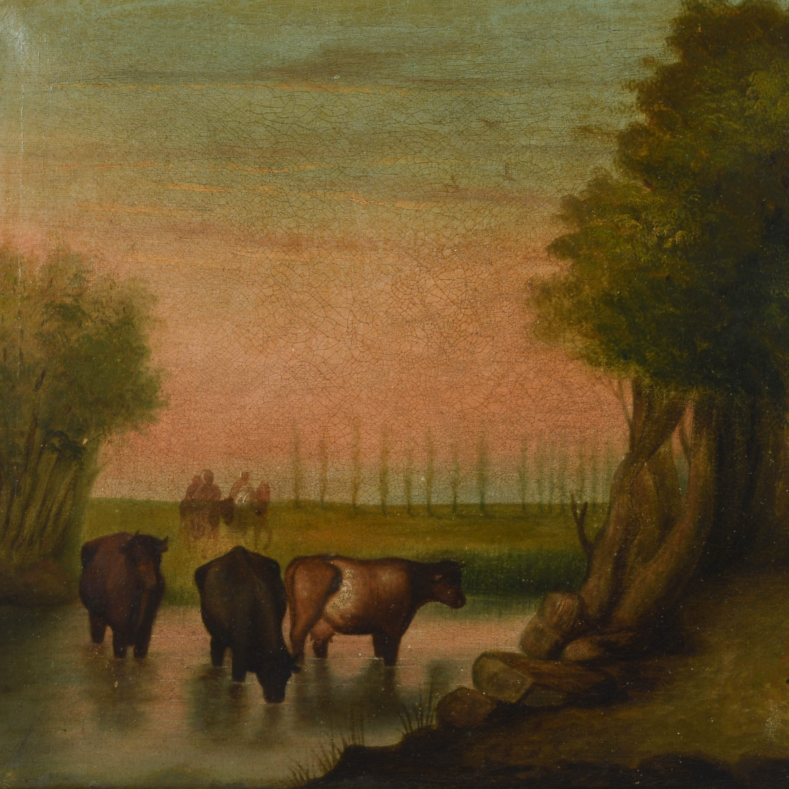 Antique Framed Cattle Watering Oil on Canvas Painting-2