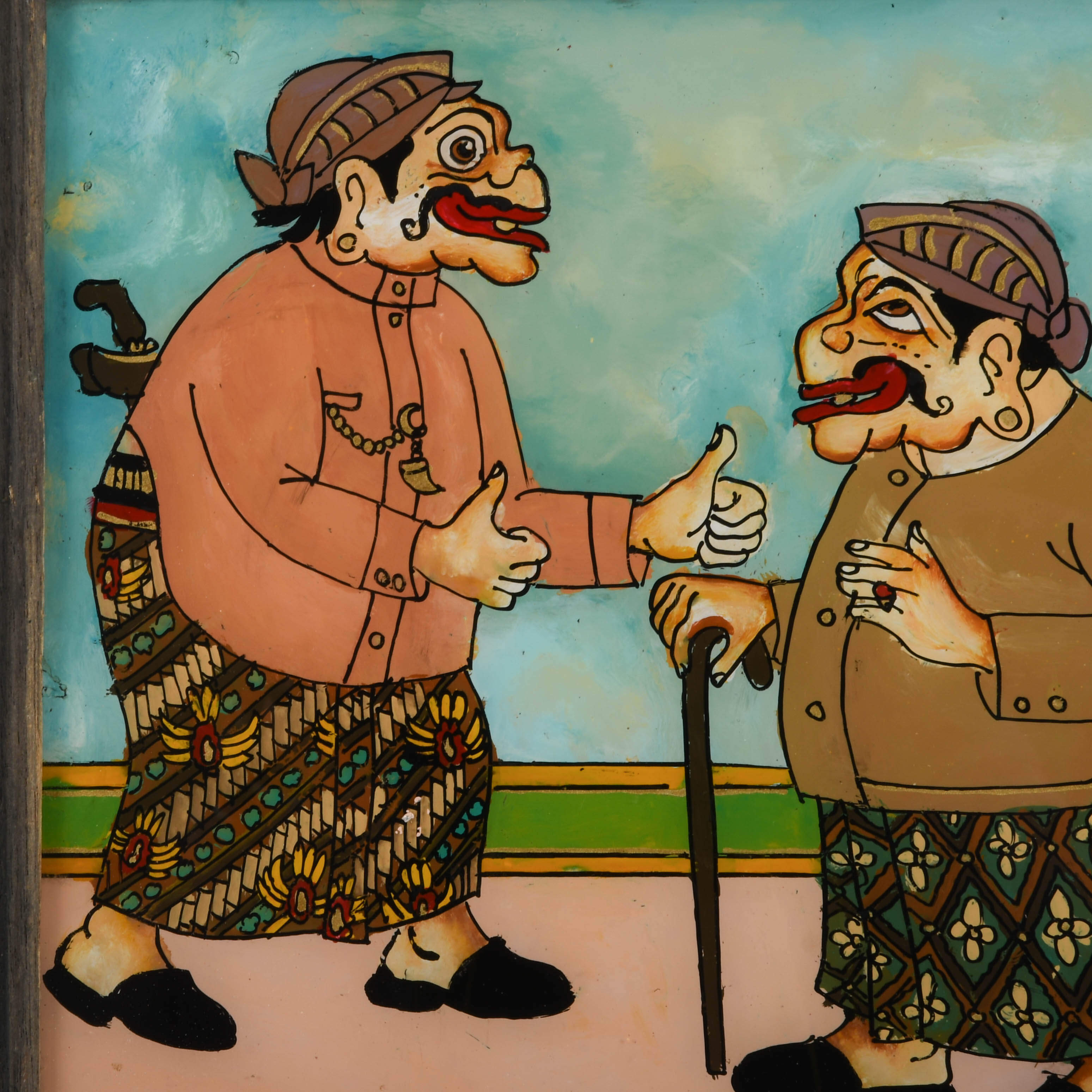 Framed Punakawan Reverse Glass Painting The Meeting of the Yes Men-2