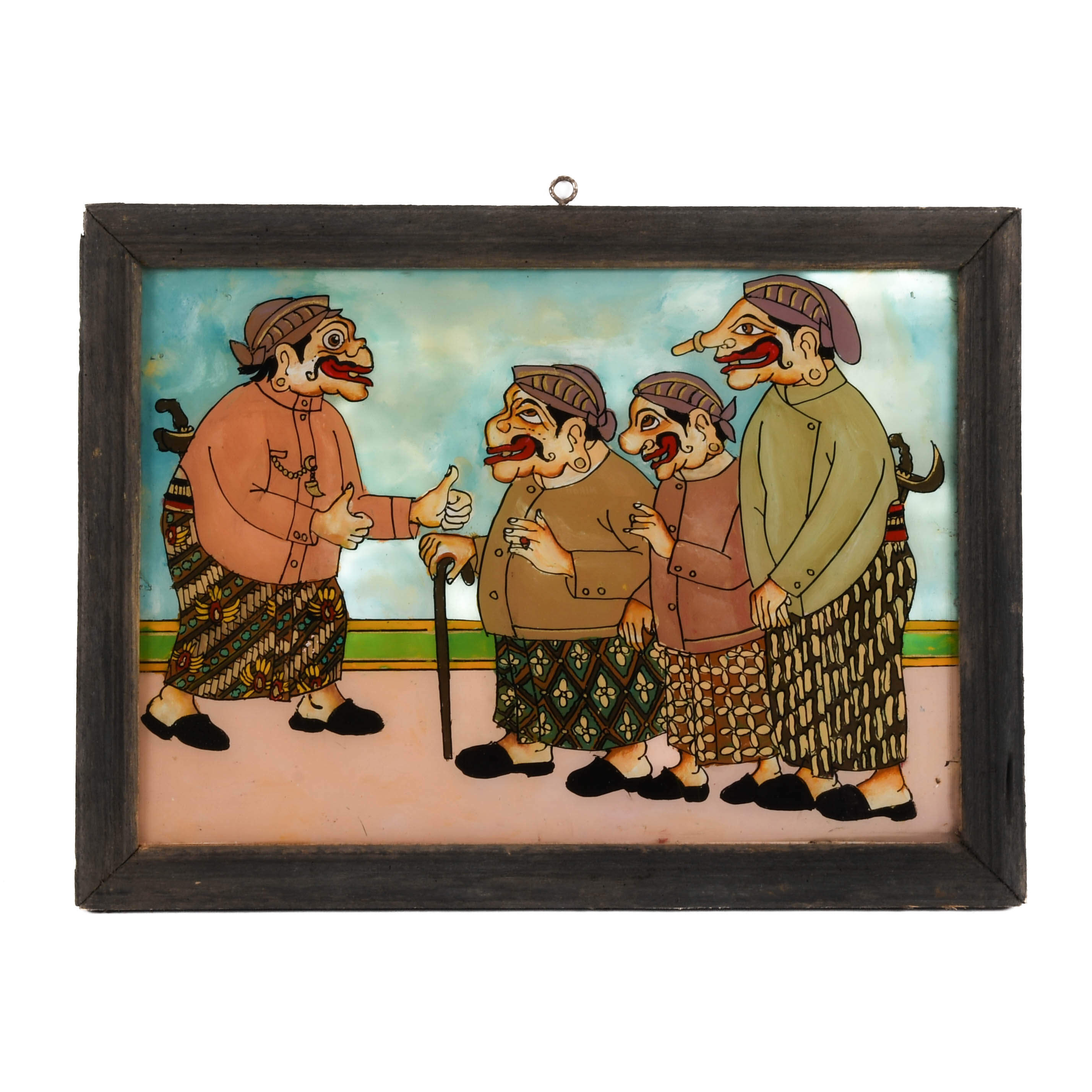 Framed Punakawan Reverse Glass Painting The Meeting of the Yes Men-1