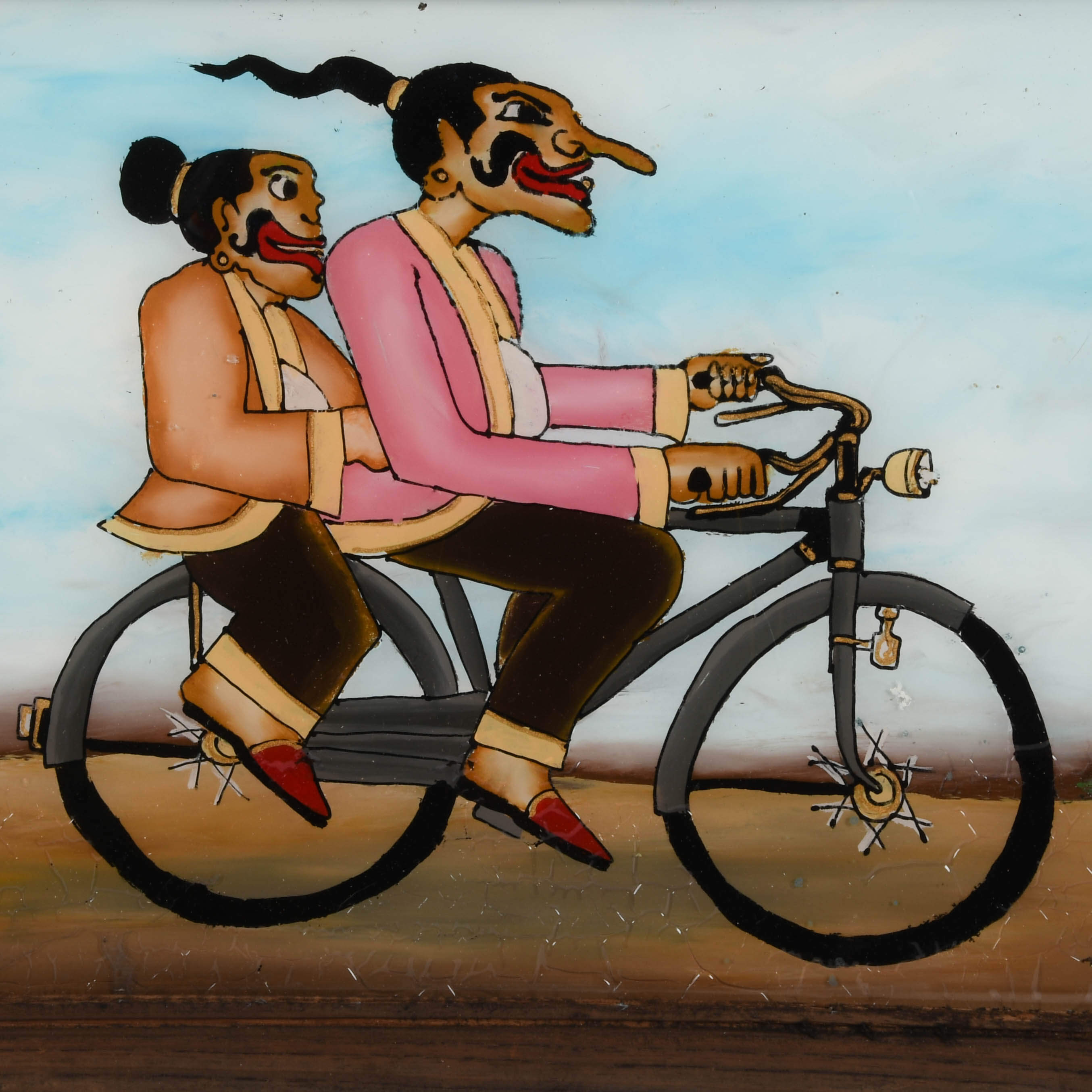 Framed Punakawan Reverse Painting Glass Bicycle Ride-2