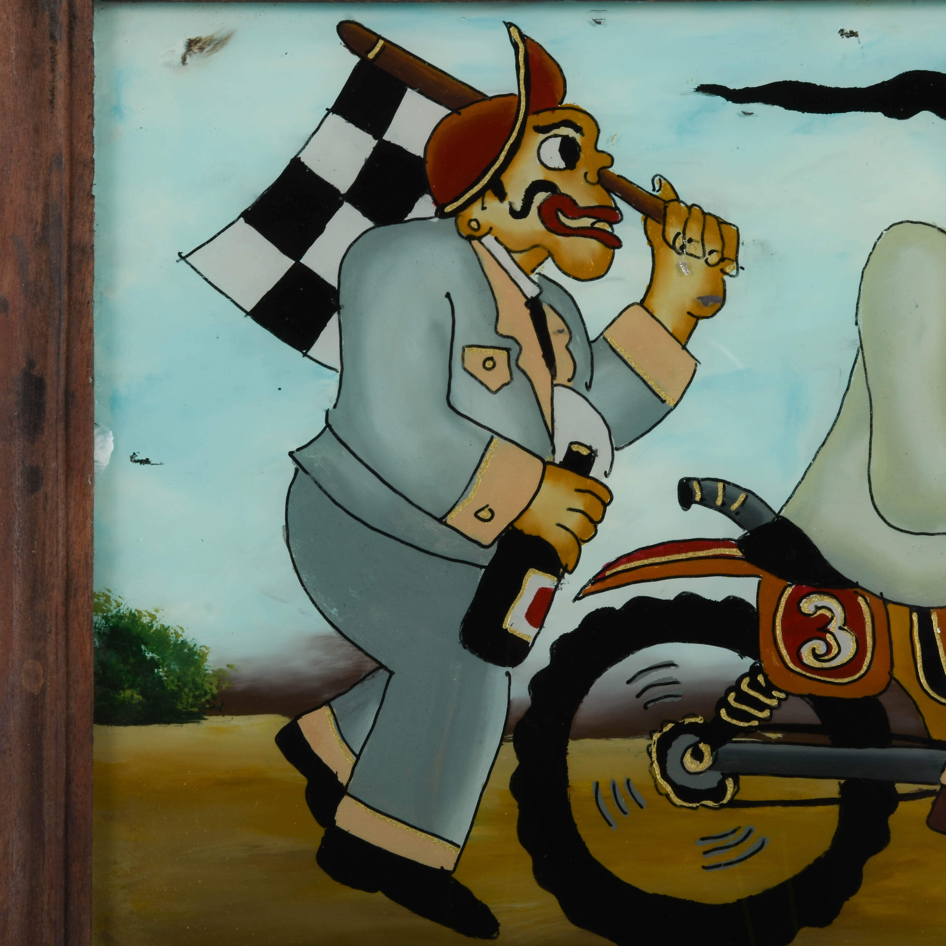 Framed Punakawan Reverse Glass Painting Patruk and Bagong Motorcycle Race-2