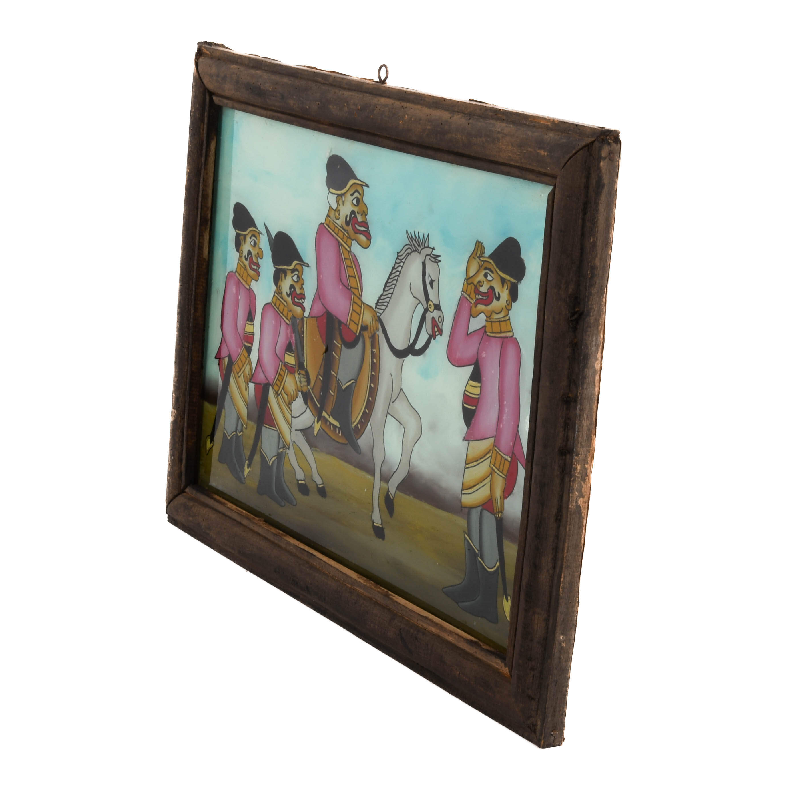 Framed Punakawan Reverse Painting Glass Pink Uniform Military Salute-4