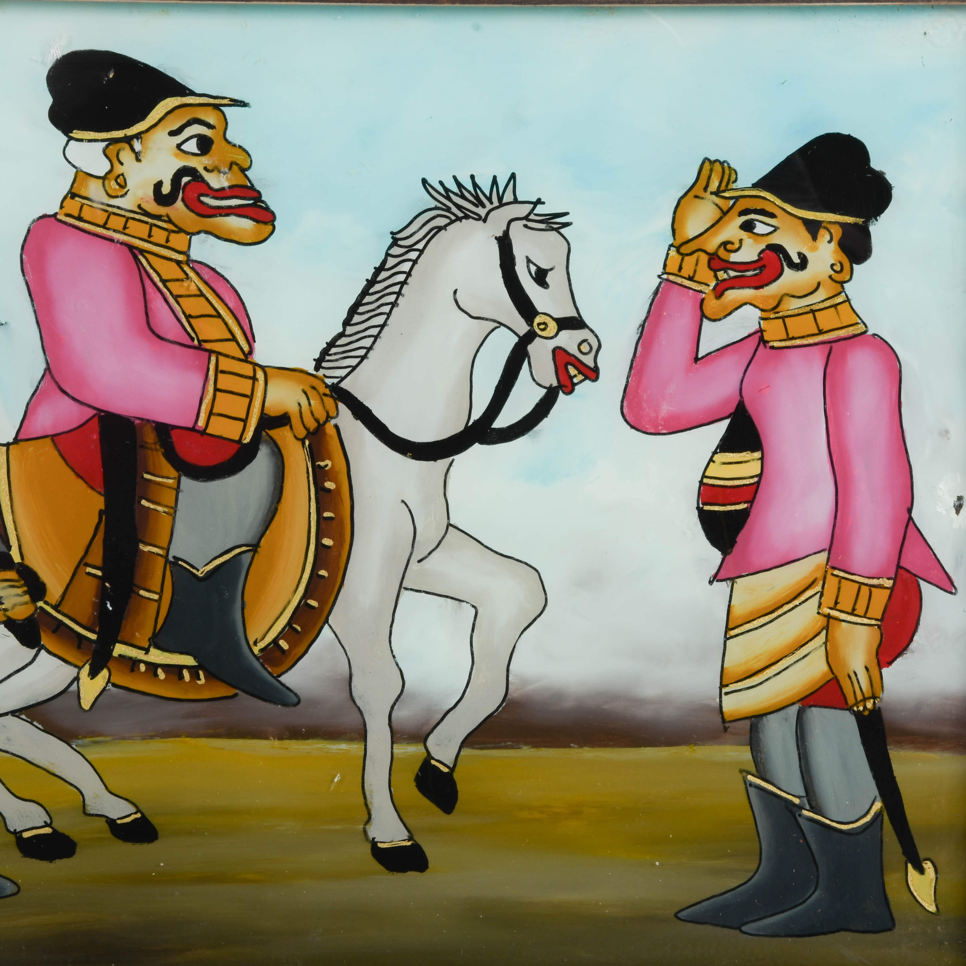Framed Punakawan Reverse Painting Glass Pink Uniform Military Salute-3