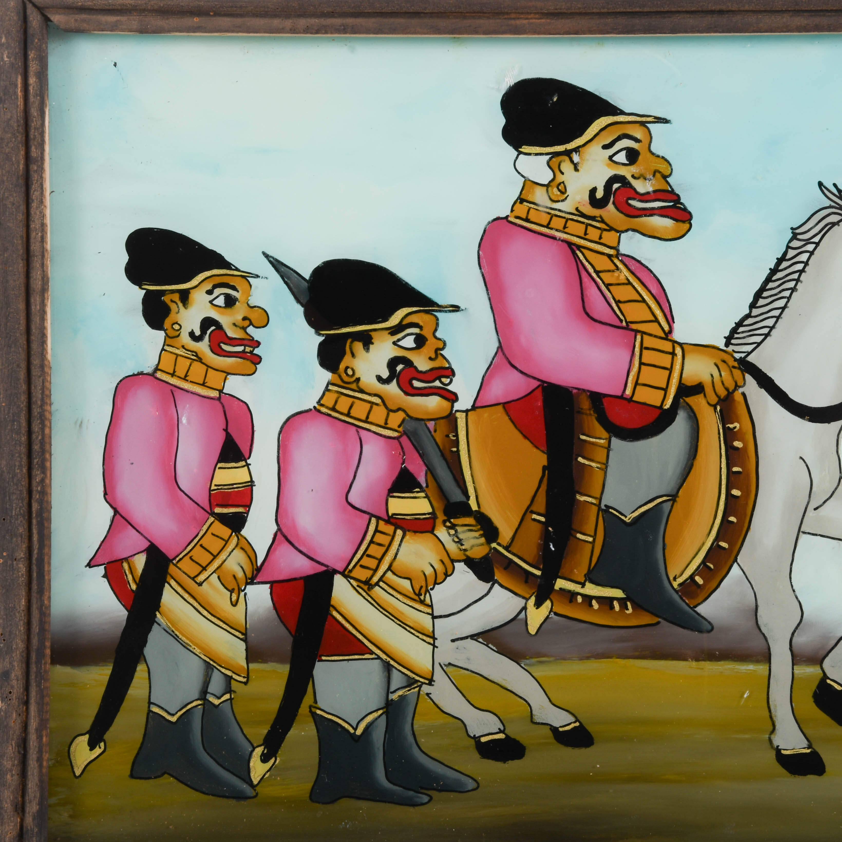 Framed Punakawan Reverse Painting Glass Pink Uniform Military Salute-2