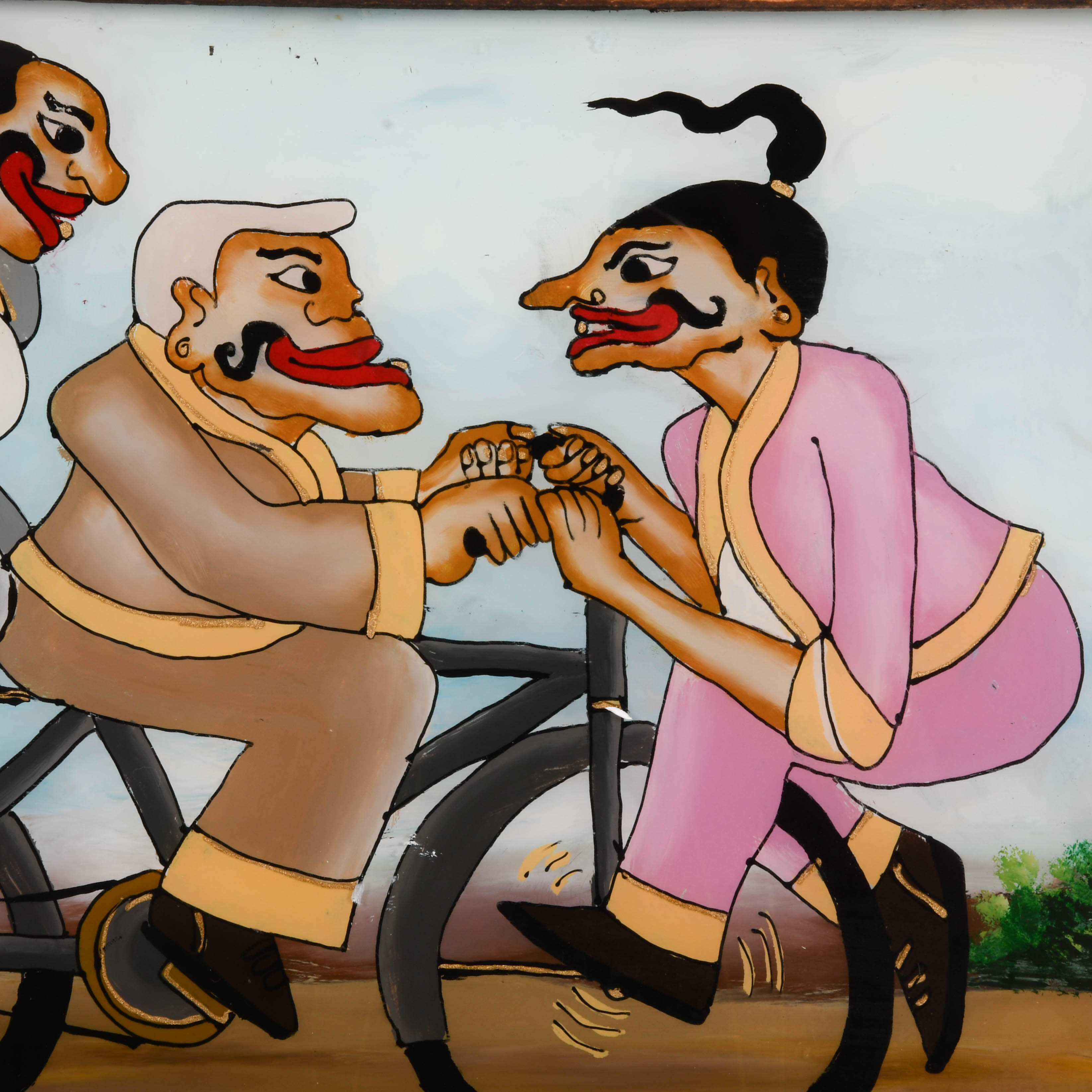 Framed Punakawan Reverse Glass Painting Petruk, Gareng and Bajong Cycling-3