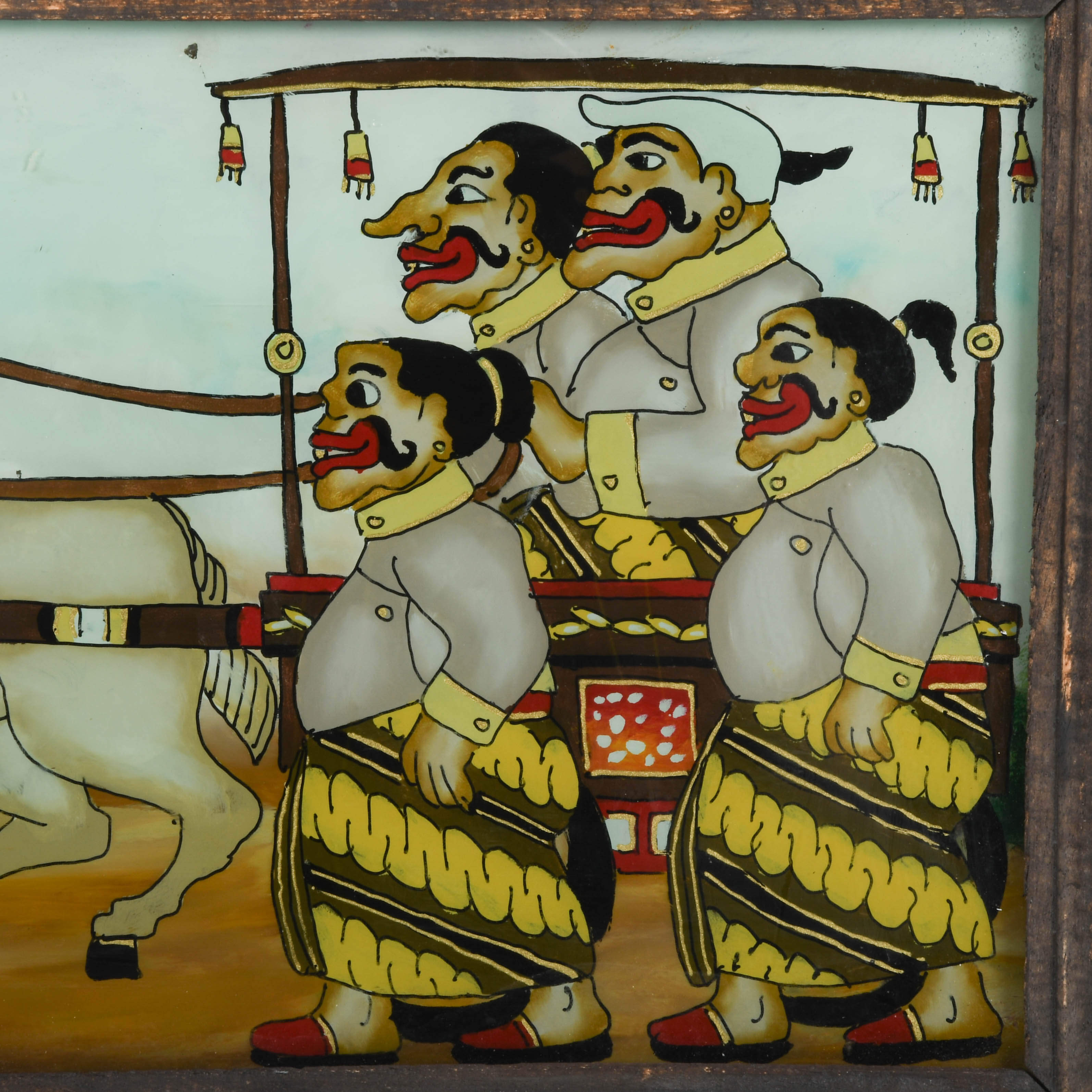 Framed Punakawan Royal Procession Reverse Glass Painting-3