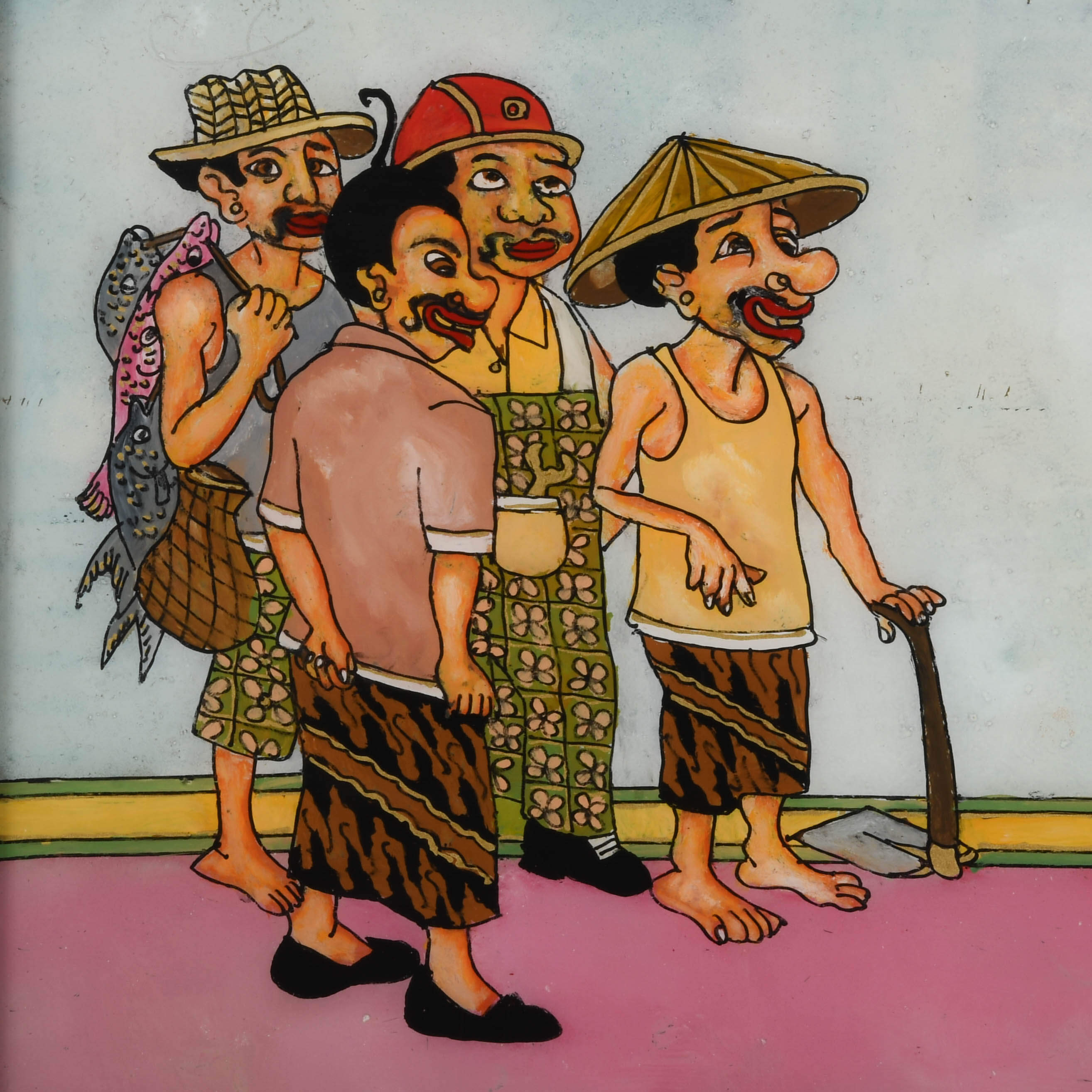 Framed Punakawan Reverse Glass Painting of The Village Briefing-2