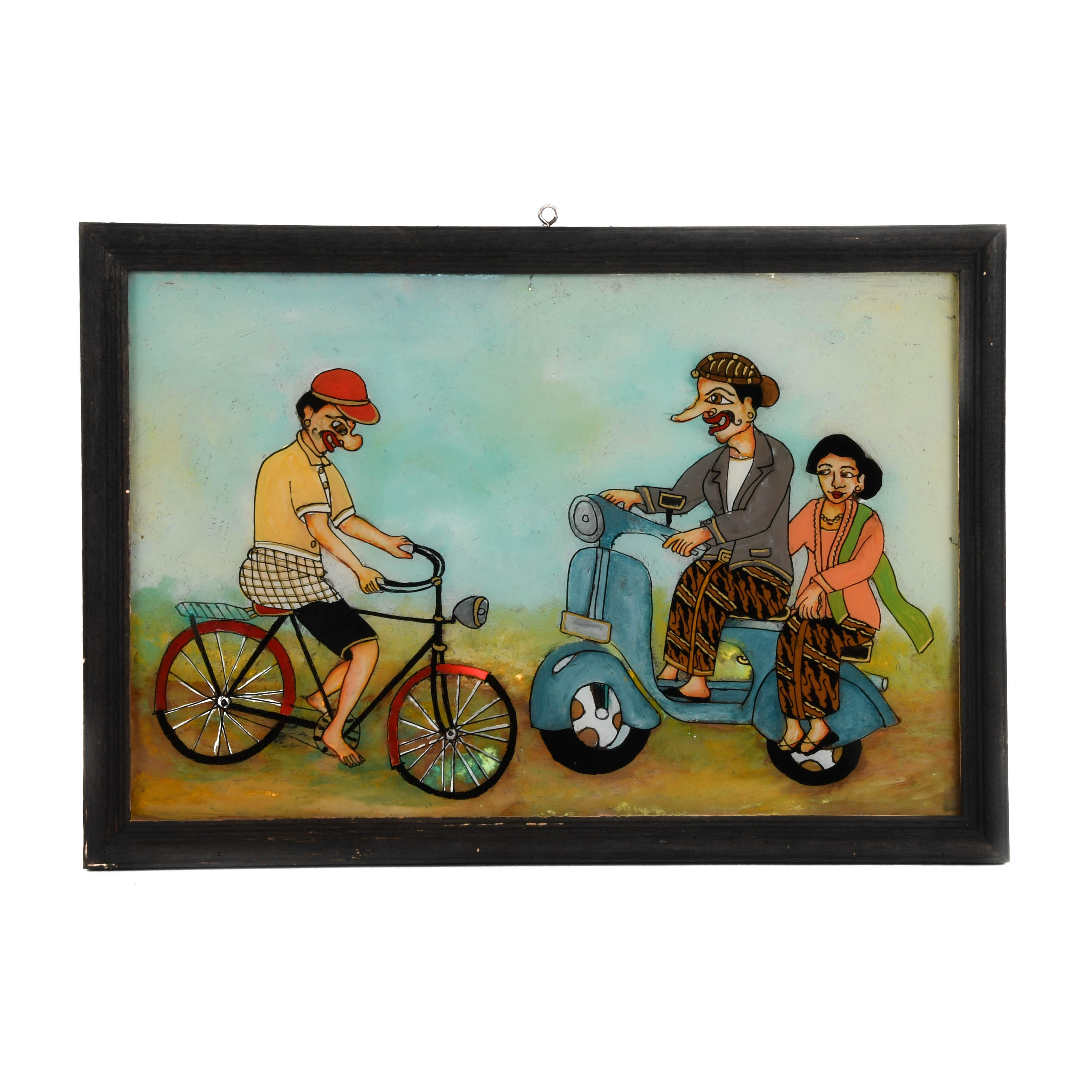 Framed Punakawan Reverse Glass Painting Gareng, Petruk, and his Fiancée-1