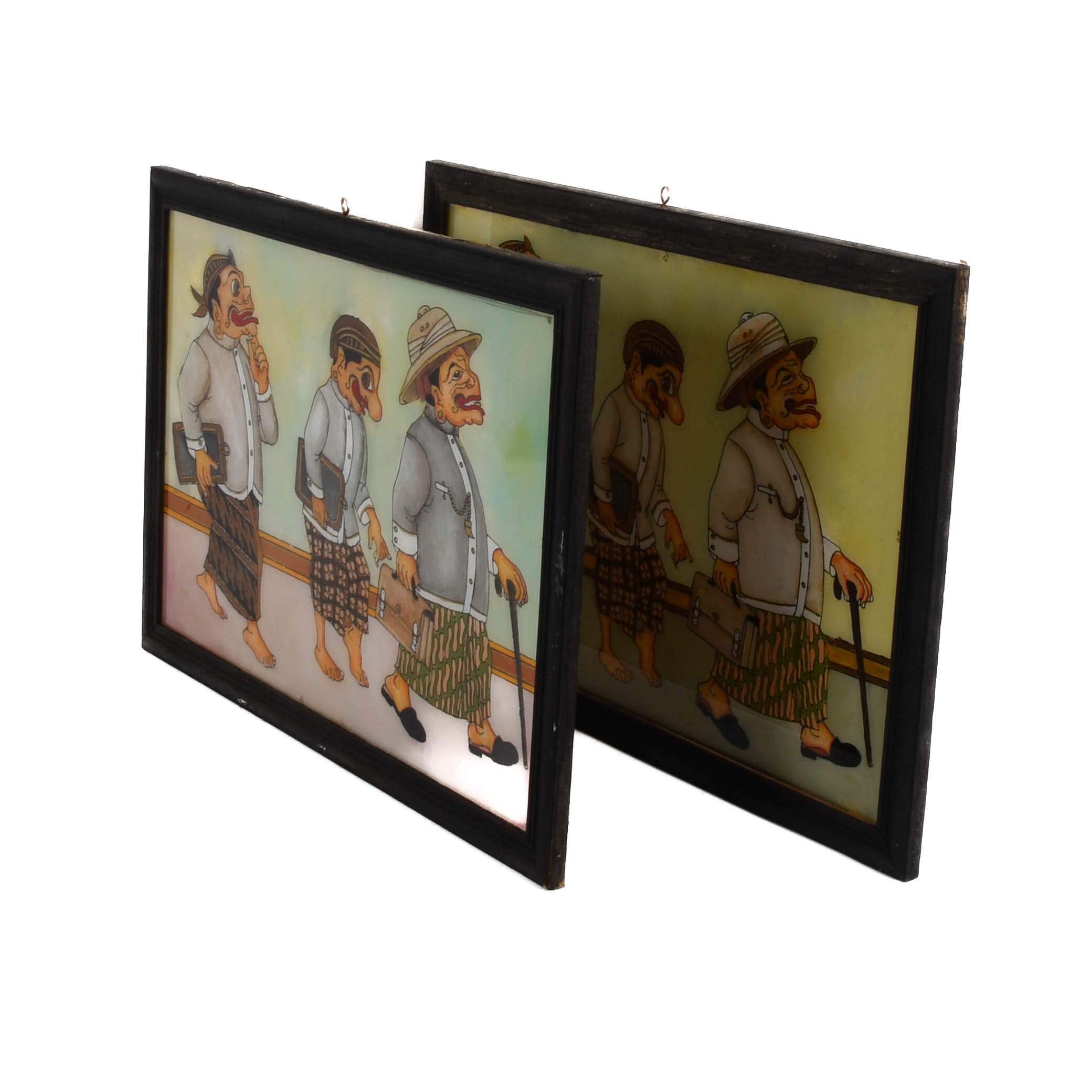 Framed Pair of Punakawan Reverse Glass Painting Scholars' Stroll-4