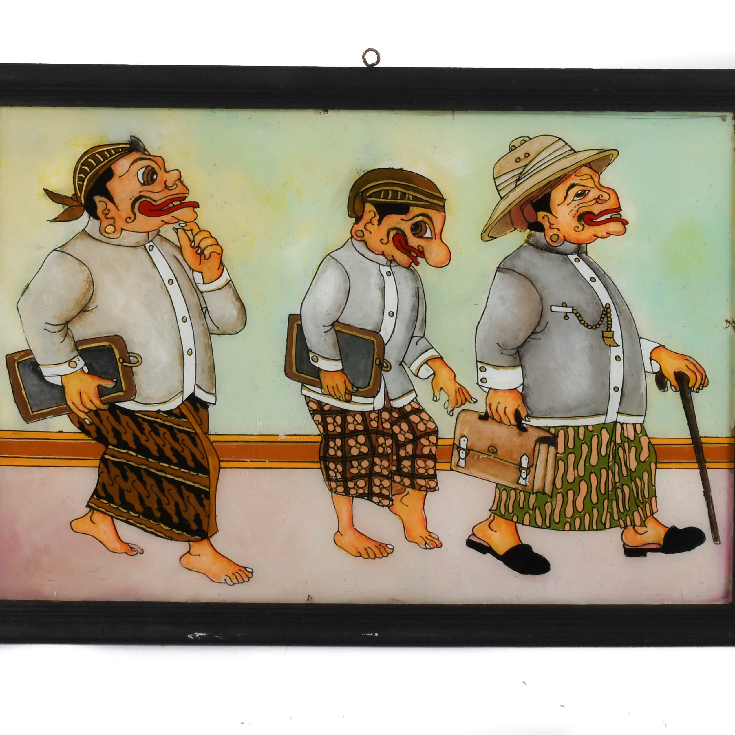 Framed Pair of Punakawan Reverse Glass Painting Scholars' Stroll-3