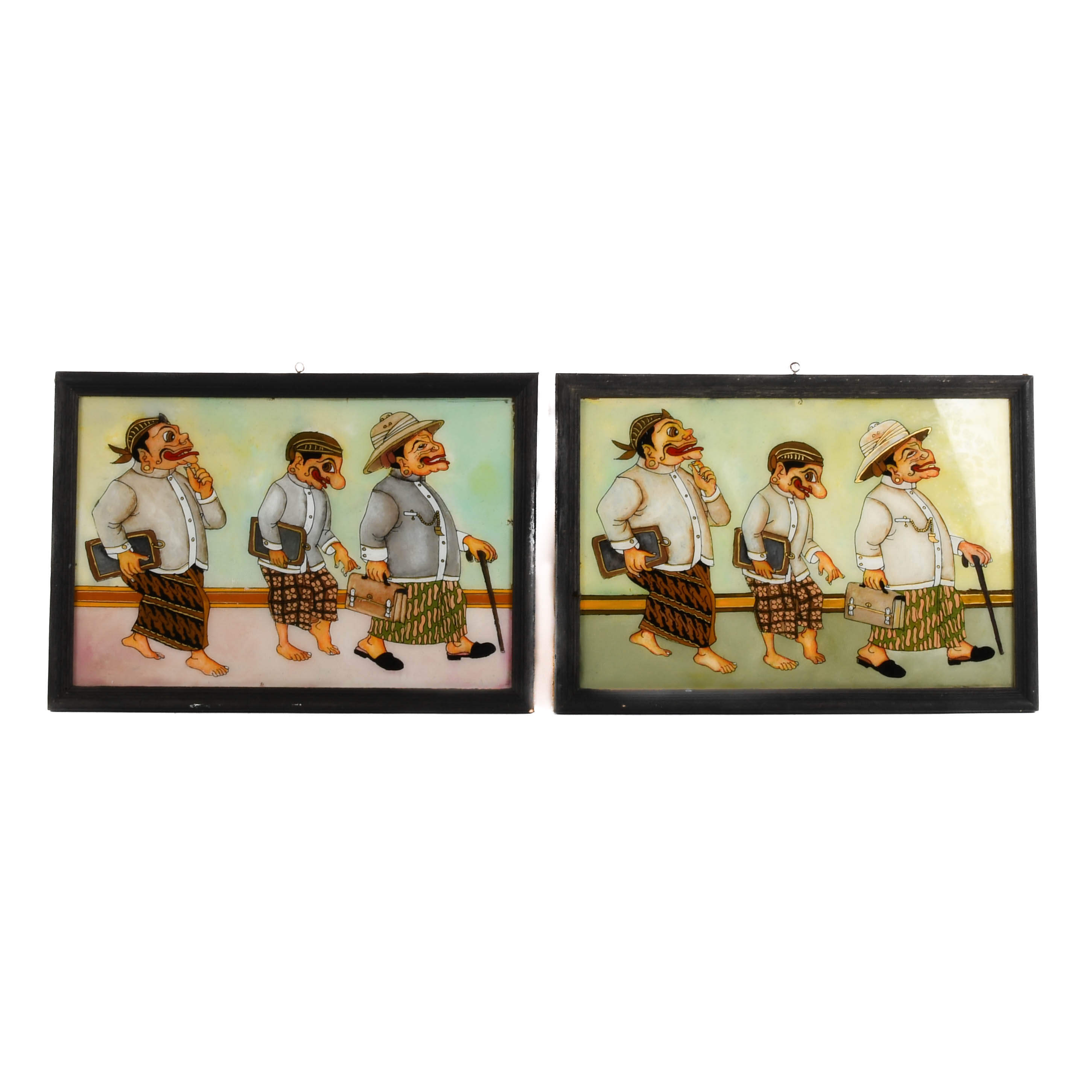 Framed Pair of Punakawan Reverse Glass Painting Scholars' Stroll-1