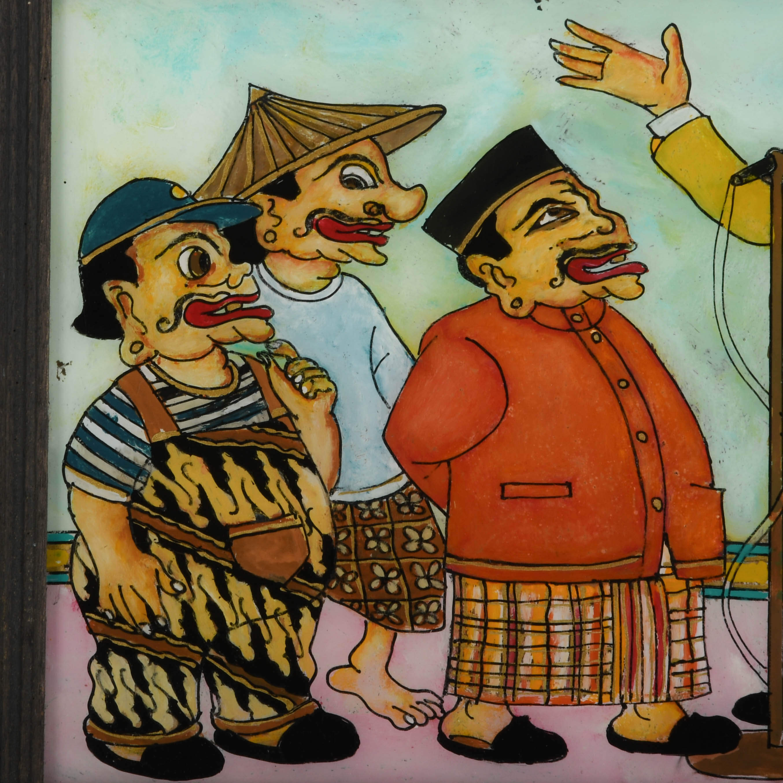 Framed Punakawan Reverse Glass Painting of Petruk Giving a Speech-2