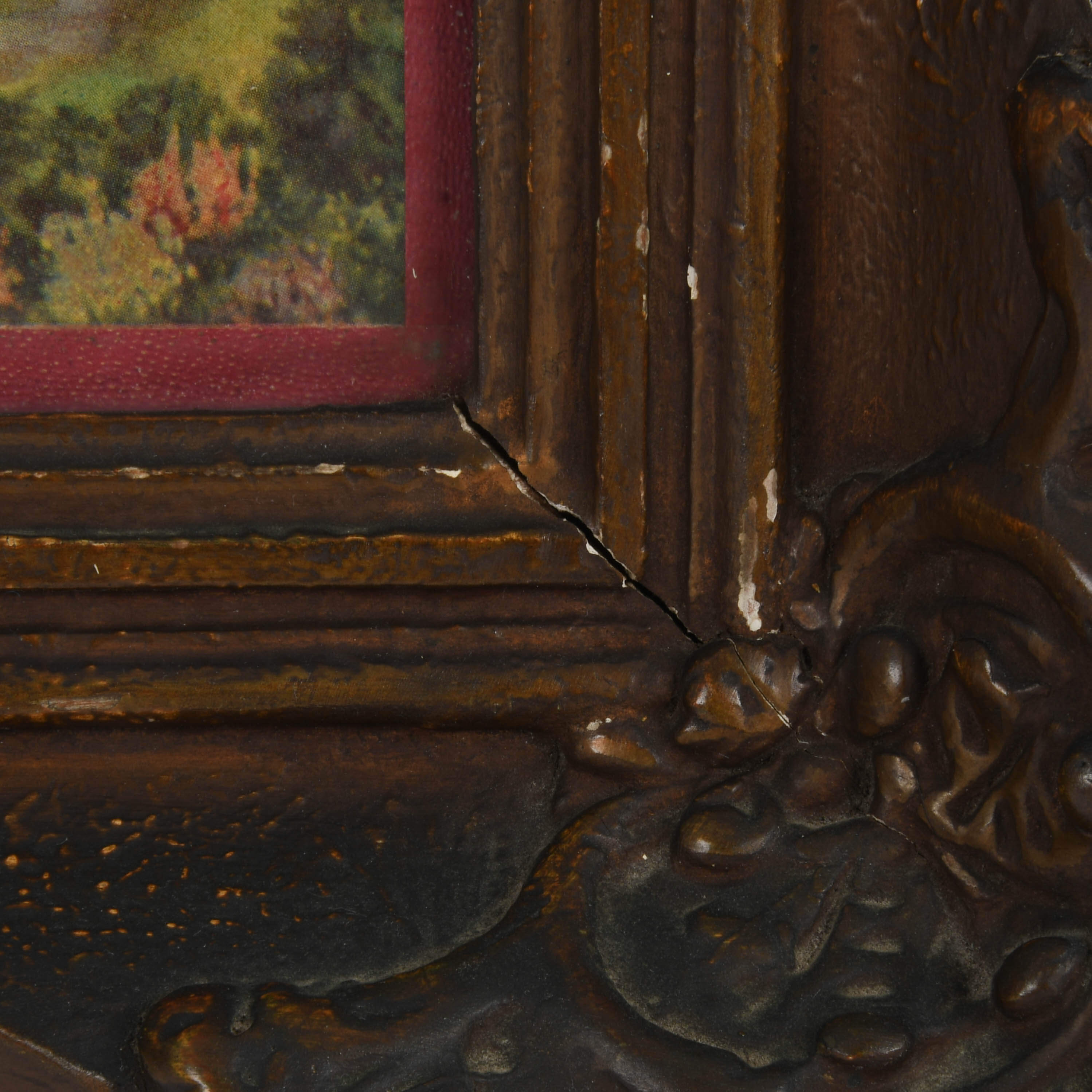 Victorian Ornate Walnut Frame and Print with Leather Banding-4