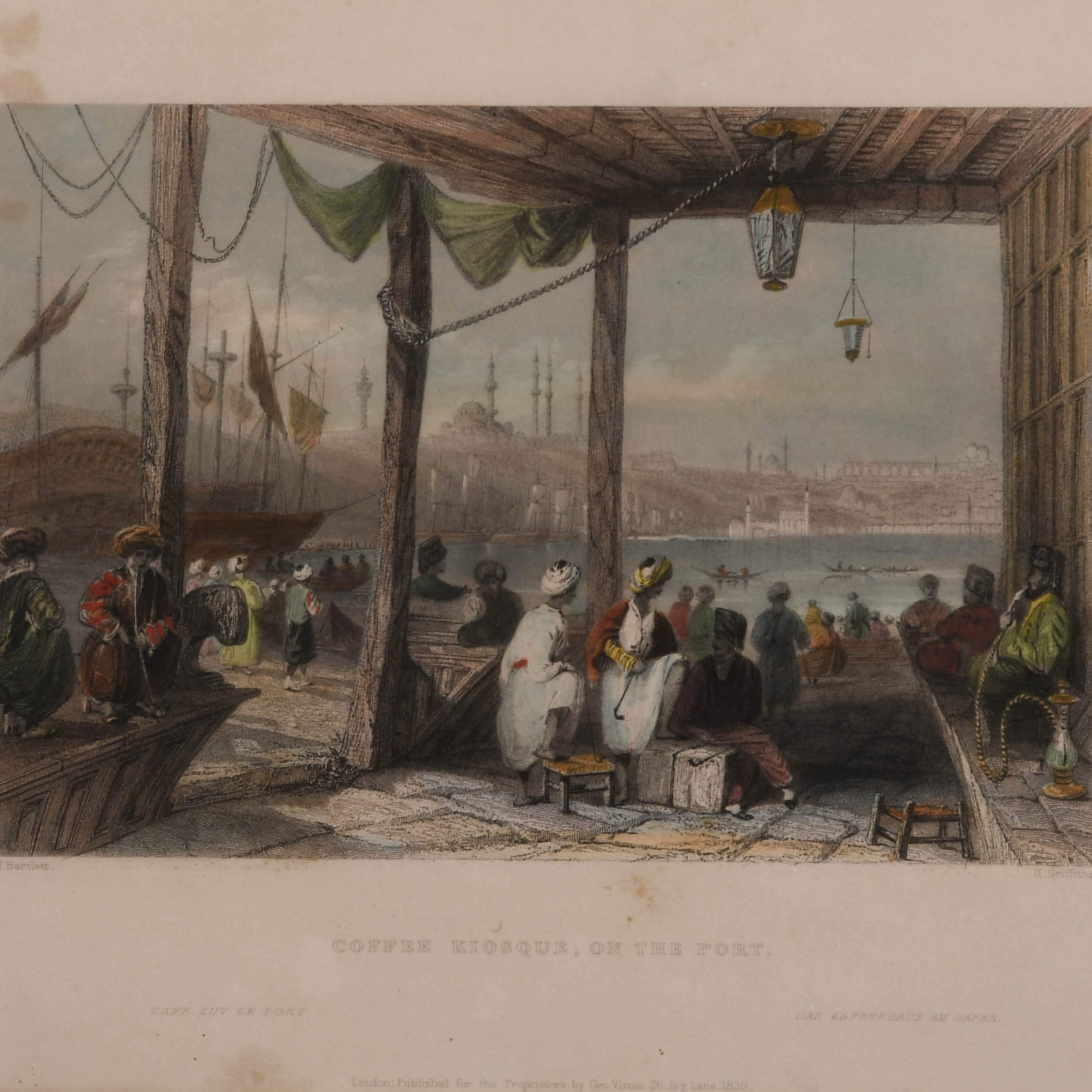 Antique Hand-Colored "Coffee Kiosque on the Port" Print-2