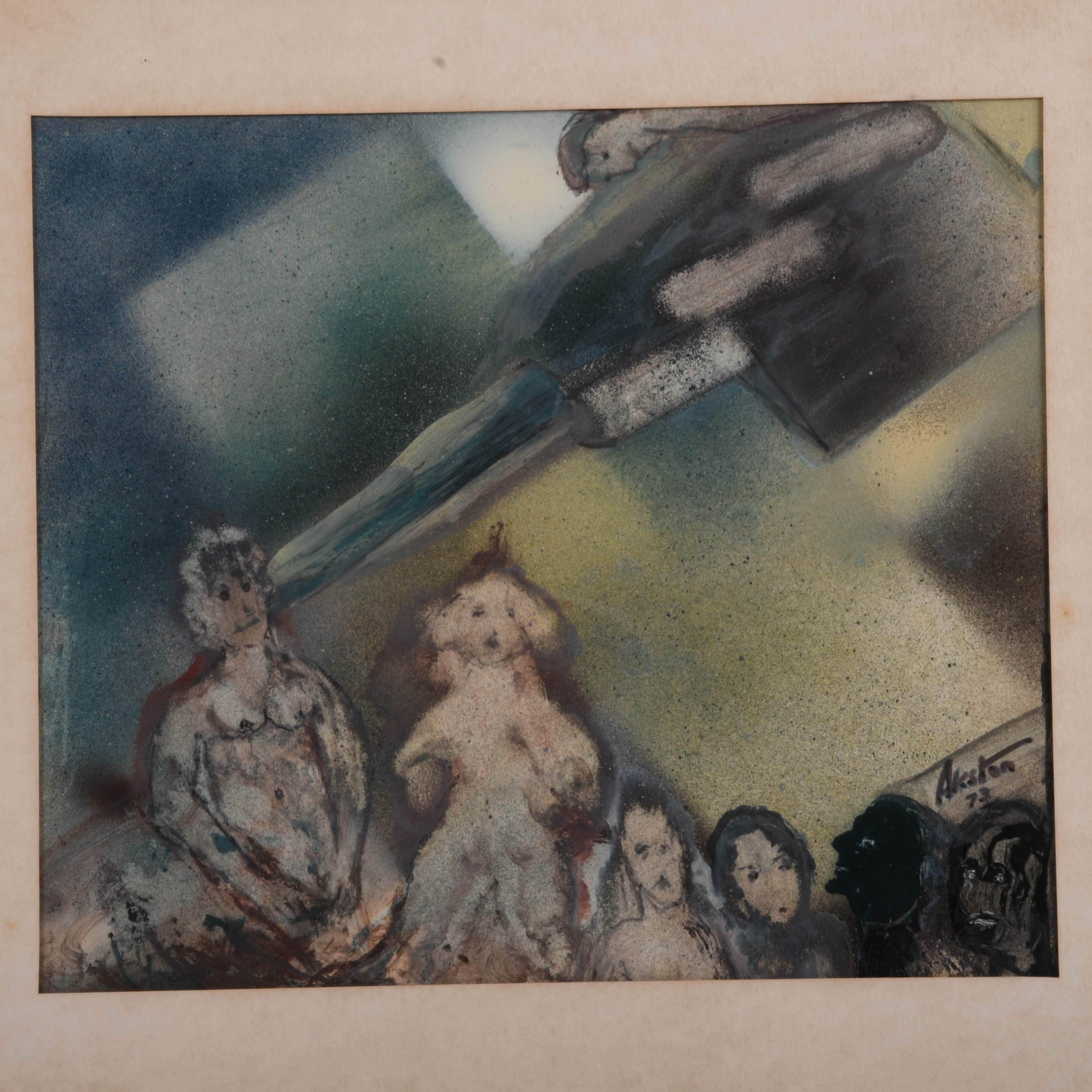 Framed Signed J. Akston "Under Attack, 1973" Enamel and Acrylic on Paper-2