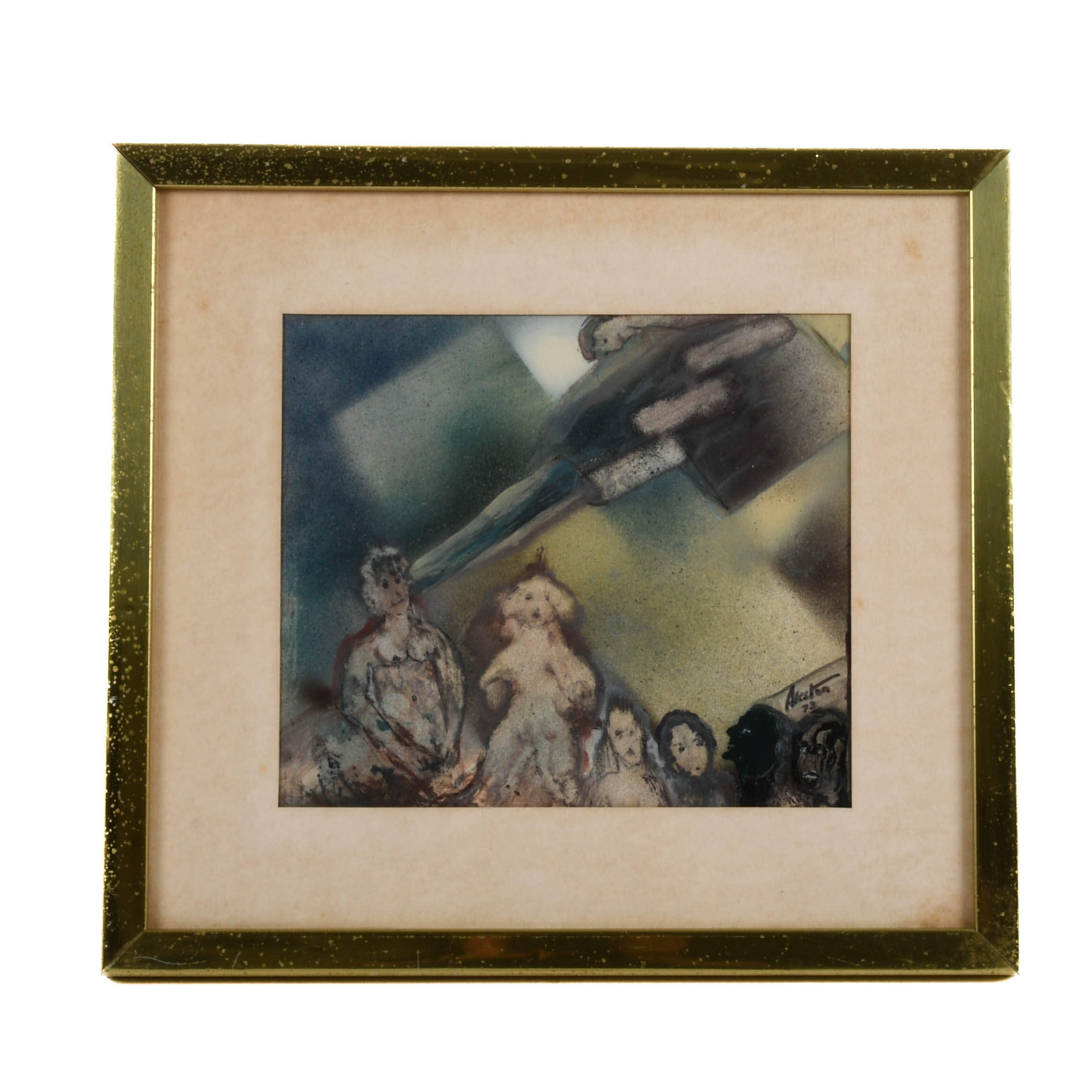 Framed Signed J. Akston "Under Attack, 1973" Enamel and Acrylic on Paper-1