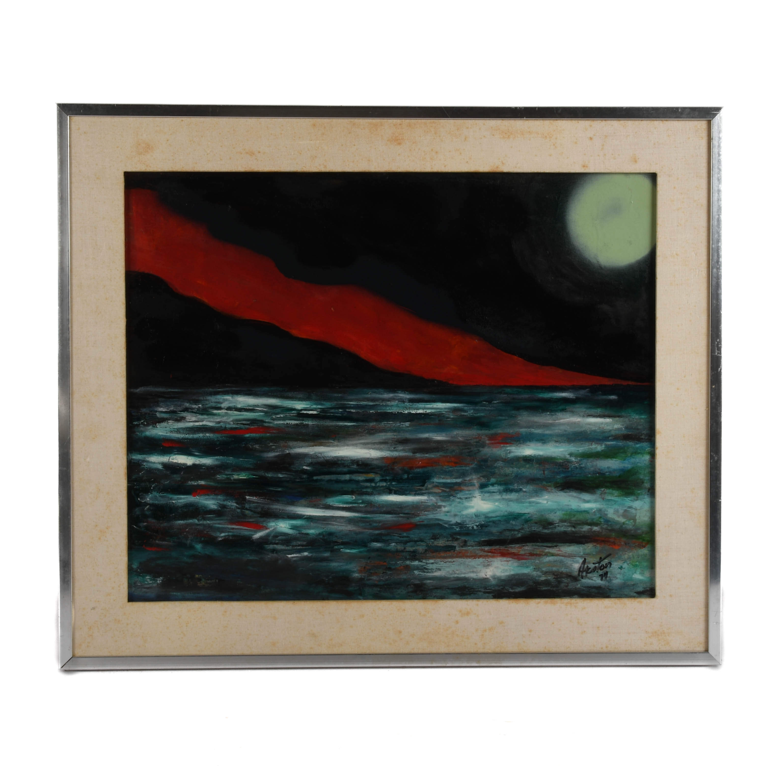 Framed Signed J. Akston "Red Tear, 1974" Oil and Acrylic on Board-1