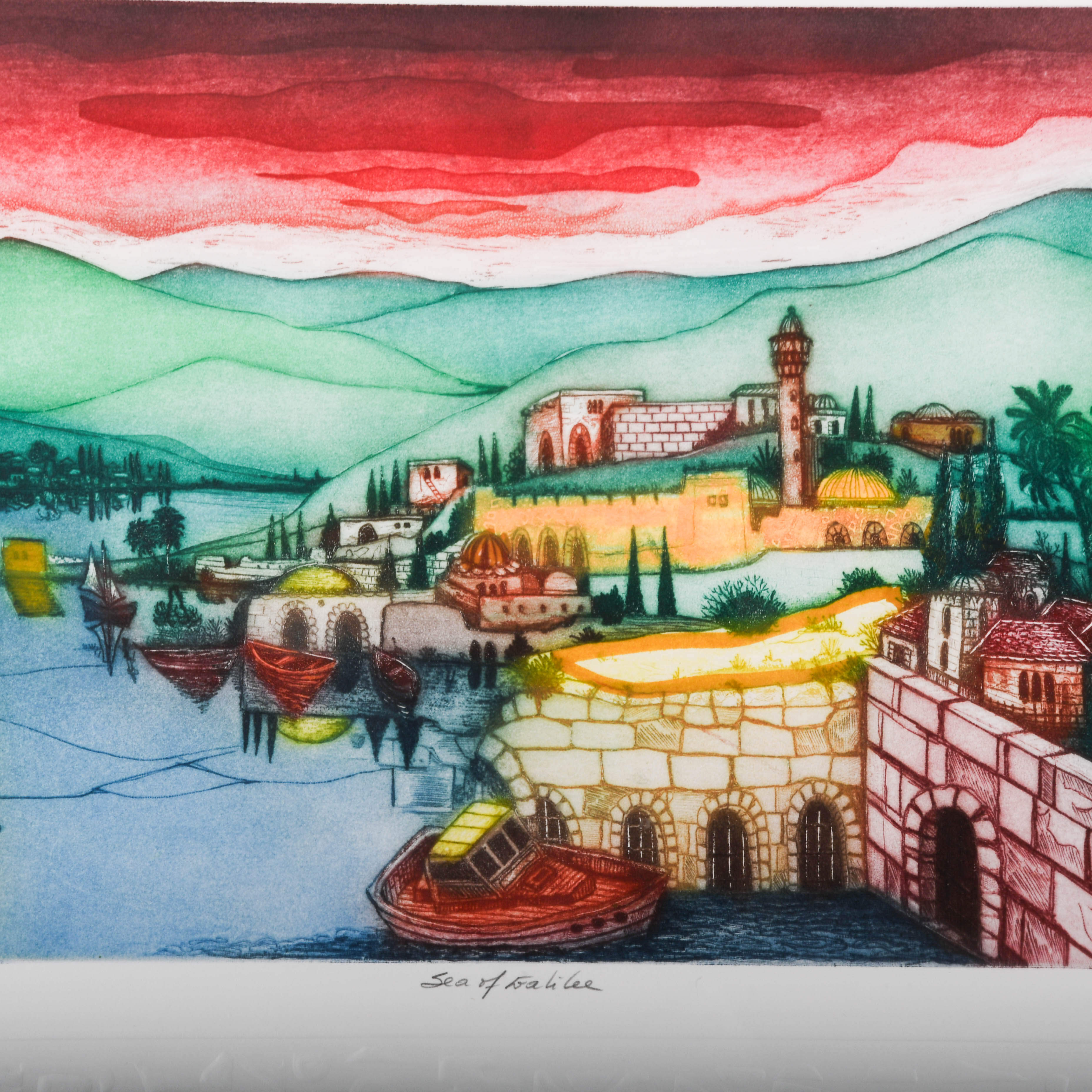 Framed Signed Amram Ebgi "Sea of Galilee" Colored Etching Artist's Proof-3