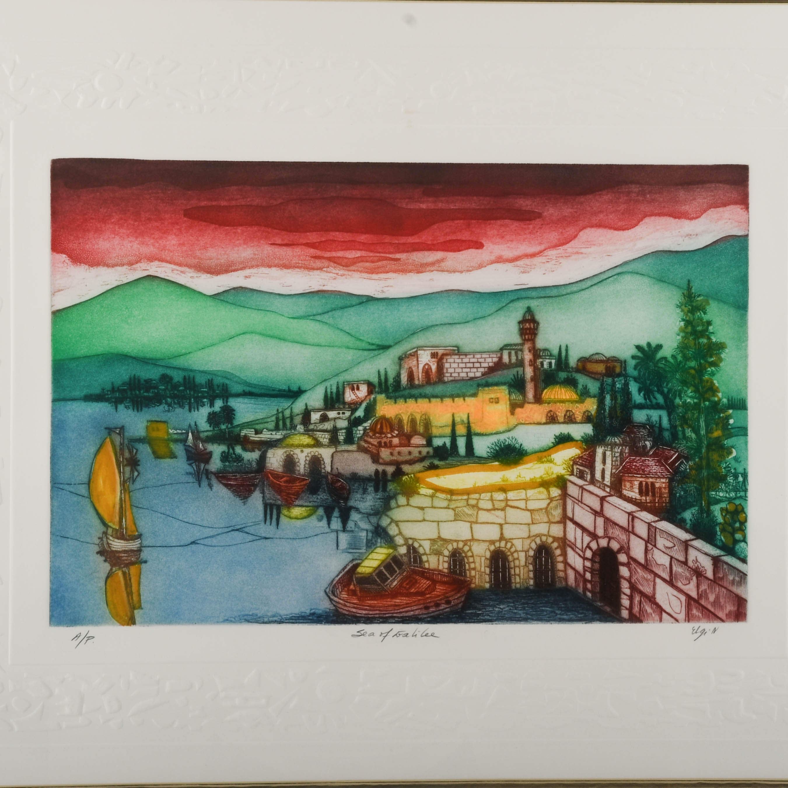 Framed Signed Amram Ebgi "Sea of Galilee" Colored Etching Artist's Proof-2
