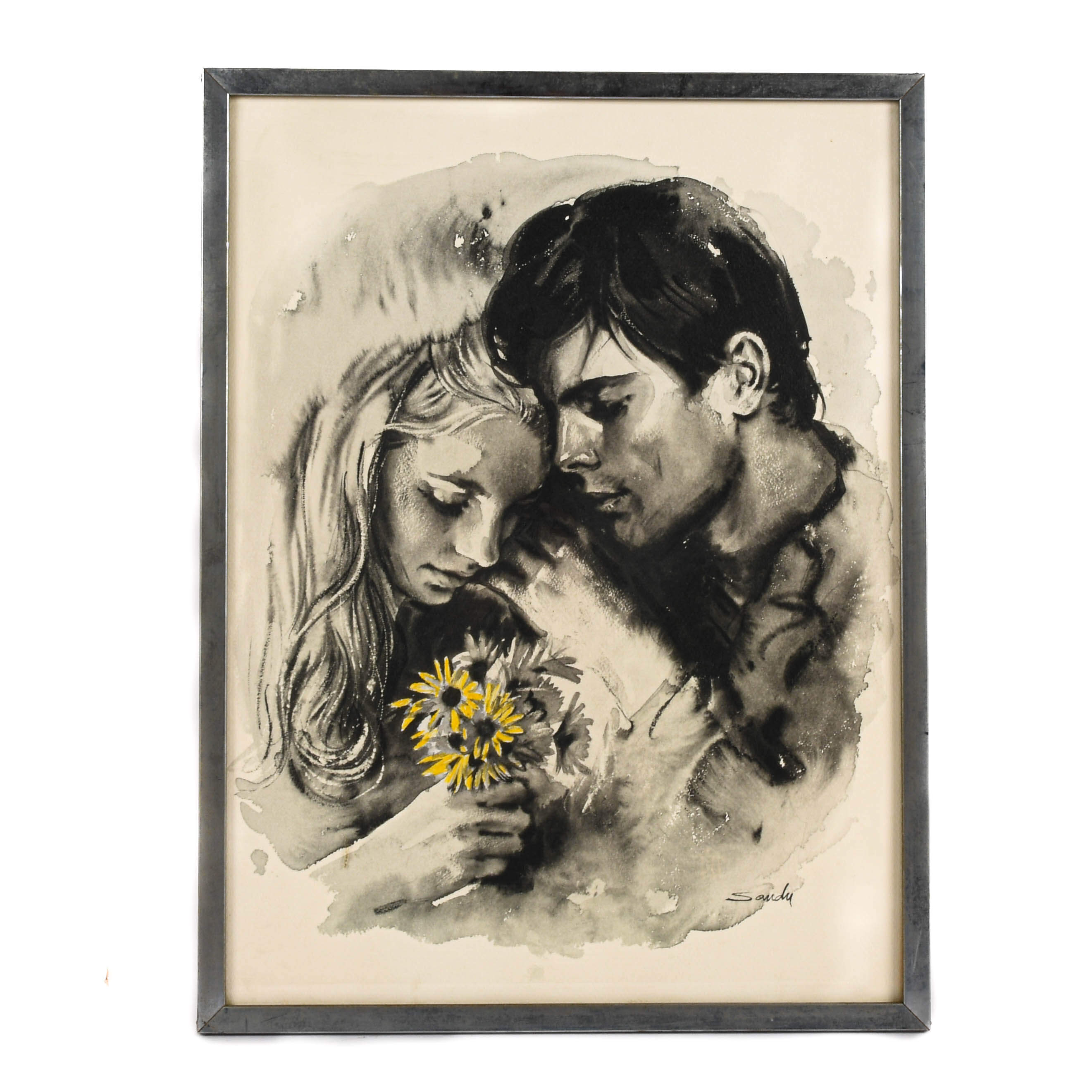 Framed Signed Sandu Liberman "Young Lovers" Gouache Watercolor-1