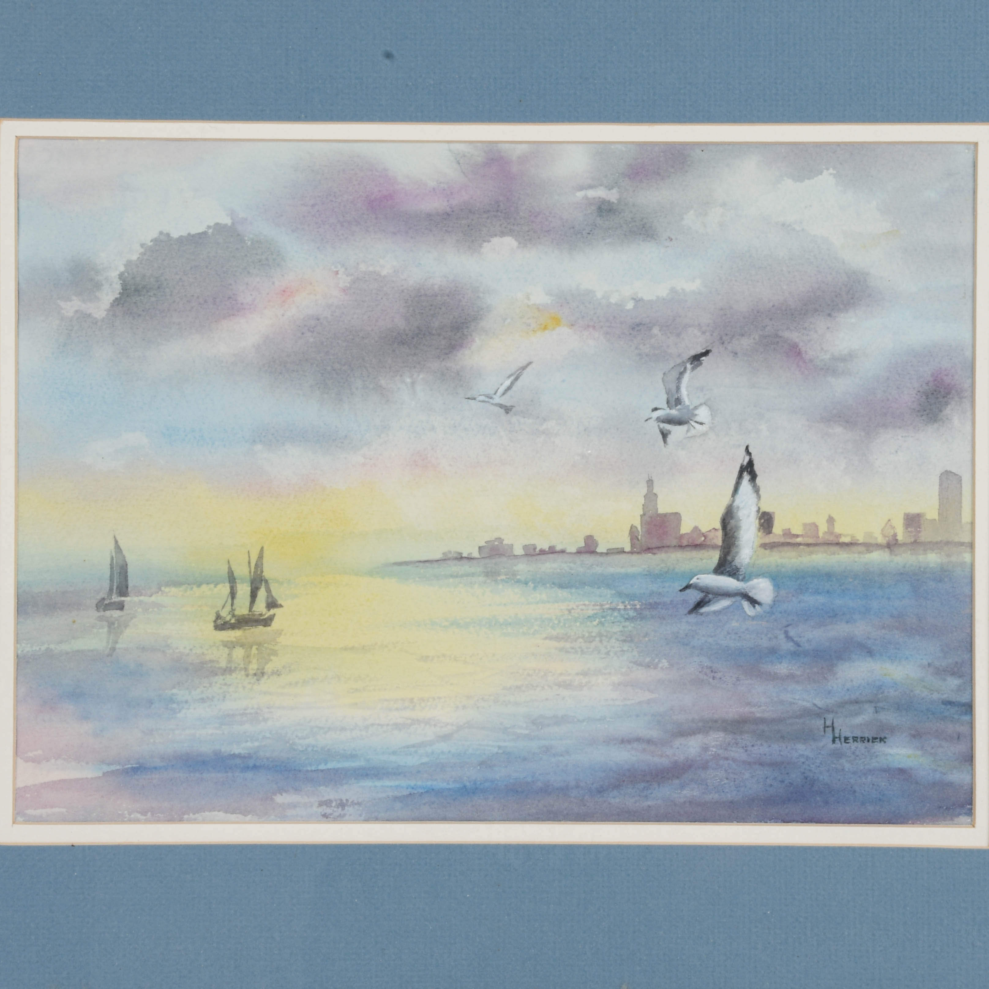 Framed Gouache and Watercolor Seascape by Henry Herrick-2