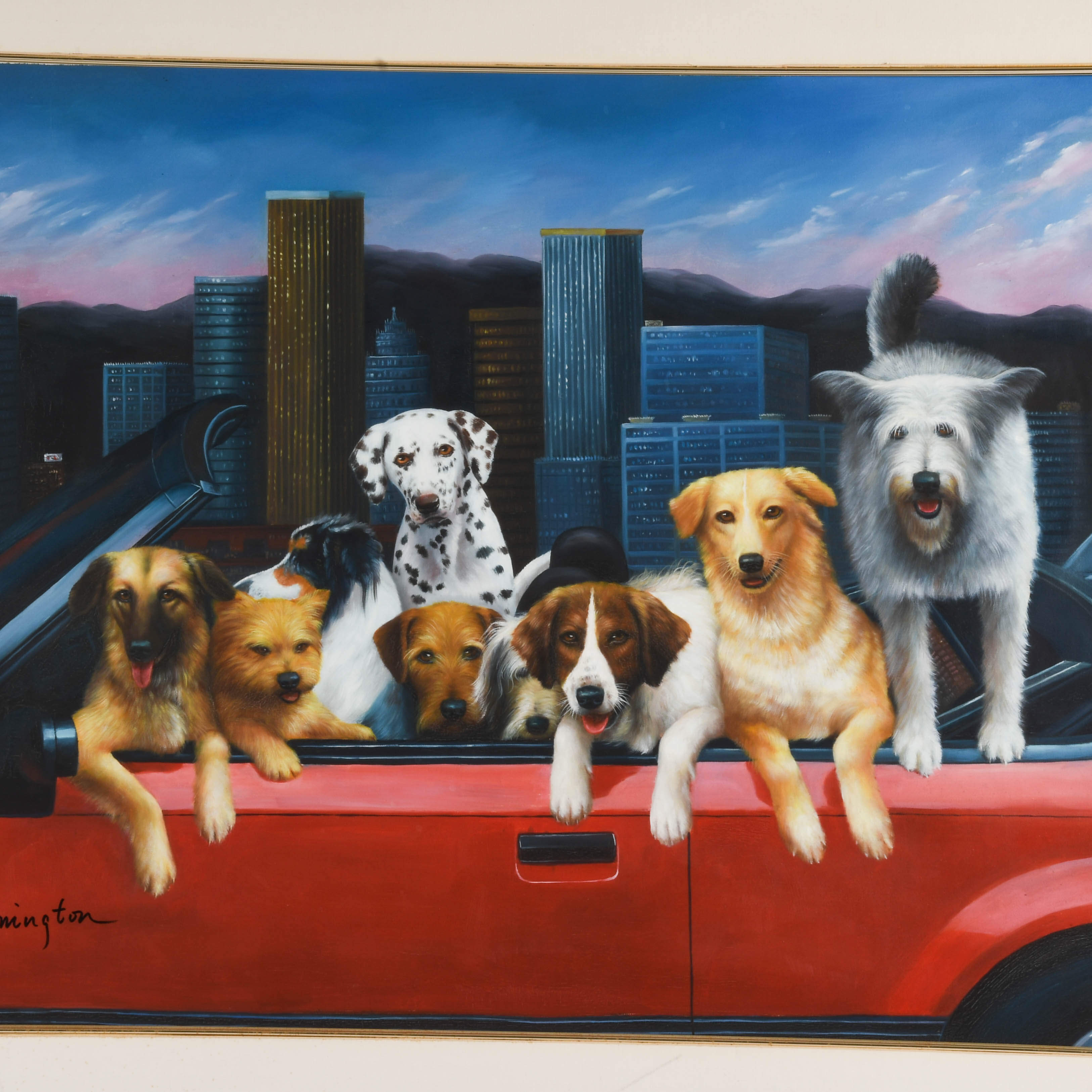 Framed Signed Remington "Canine Convertible Cruise" Oil Painting-2