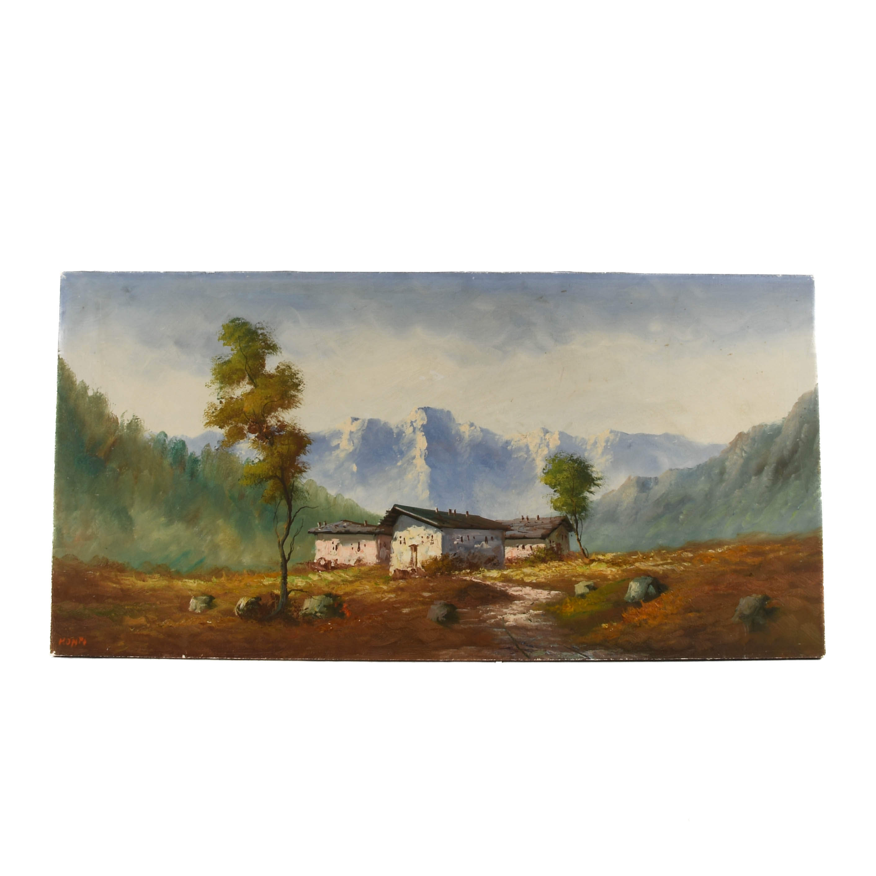 Signed Monti "Hillside Houses" Oil on Canvas-1