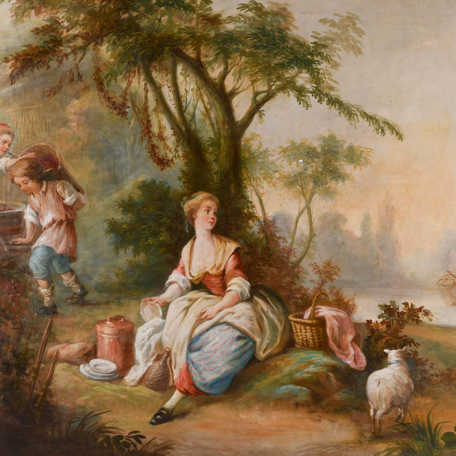 Antique Pastoral Reverie In the Manner of Jean-Baptiste Joseph Pater Oil-2