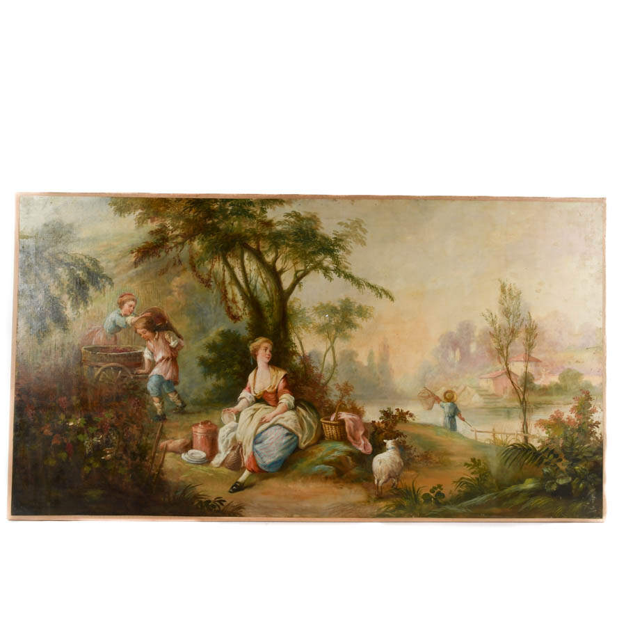 Antique Pastoral Reverie In the Manner of Jean-Baptiste Joseph Pater Oil-1