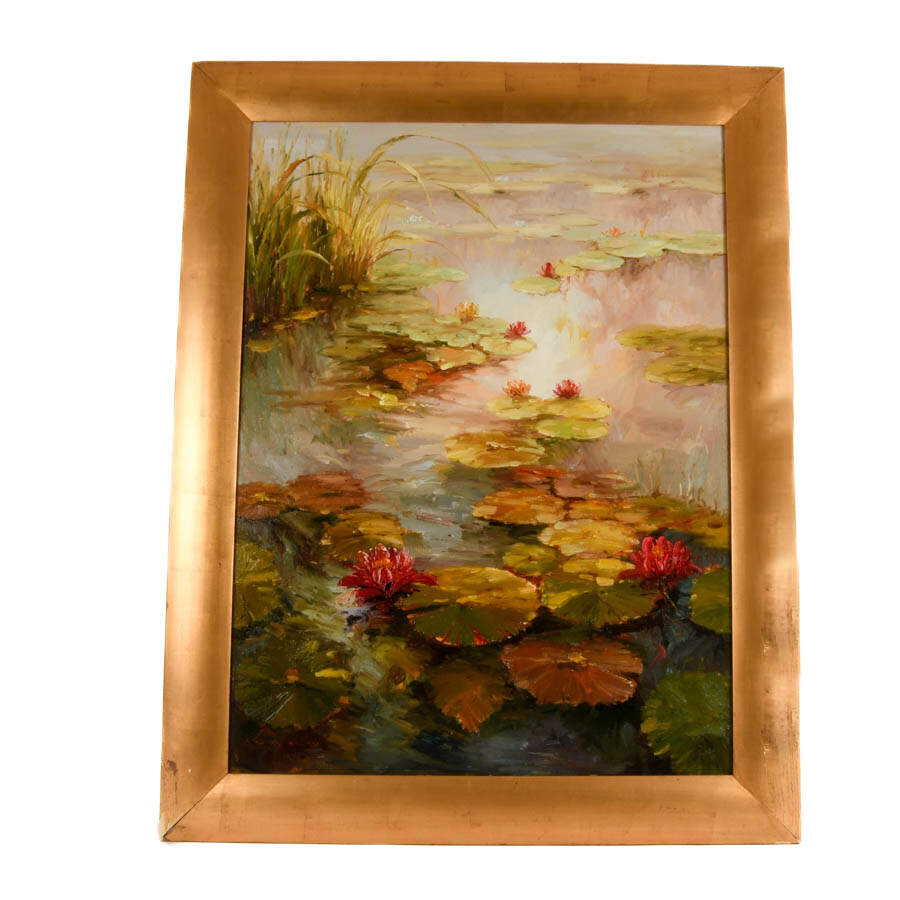 Framed Signed Vera Oxley Waterlilies Oil on Canvas-1