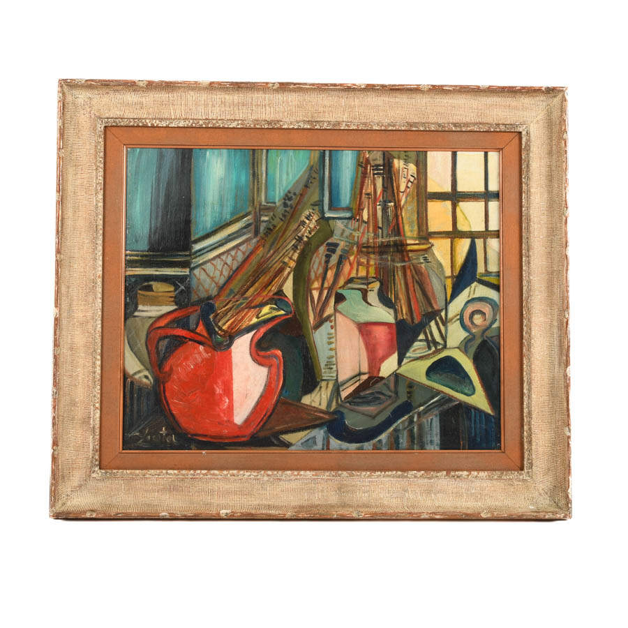 Framed Signed Abstract Artist's Tablescape Oil on Canvas-1