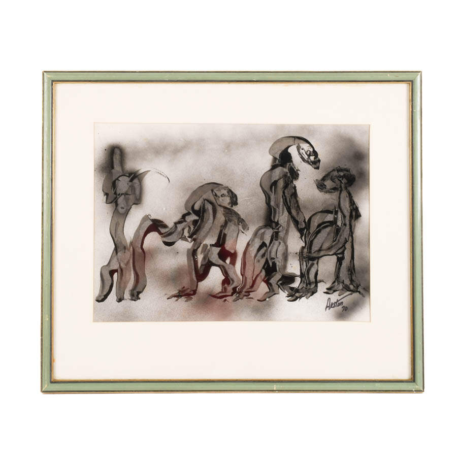 Framed J. Akston "Family Visit" Oil on Paper-1