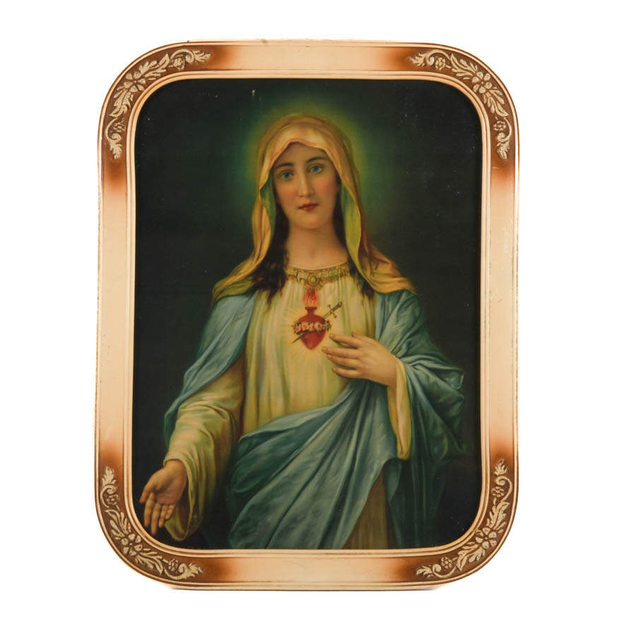 Pair Art Deco Framed Jesus and Mary Portraits-2
