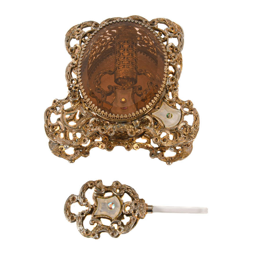 Hollywood Regency Gold Filigree and Mother of Pearl Inset Perfume Bottle-6