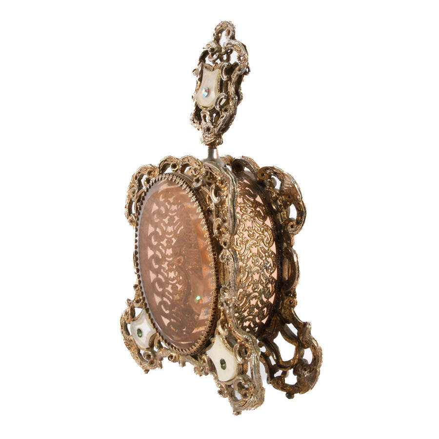 Hollywood Regency Gold Filigree and Mother of Pearl Inset Perfume Bottle-4